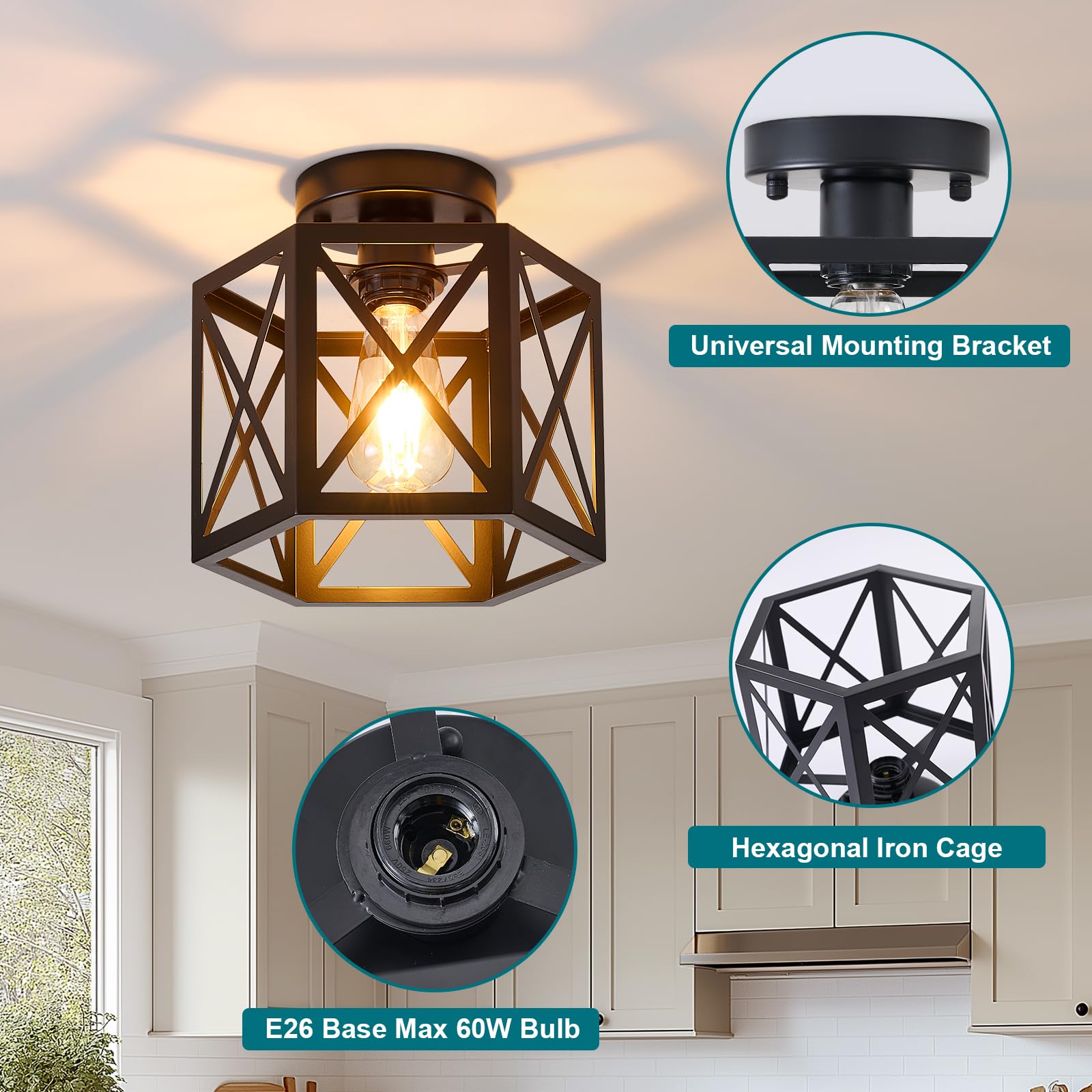 Xsdetu 2 Pack Farmhouse Semi Flush Mount Ceiling Light, Industrial Black Hallway Light Fixture, Small Metal Cage Close To Ceilin