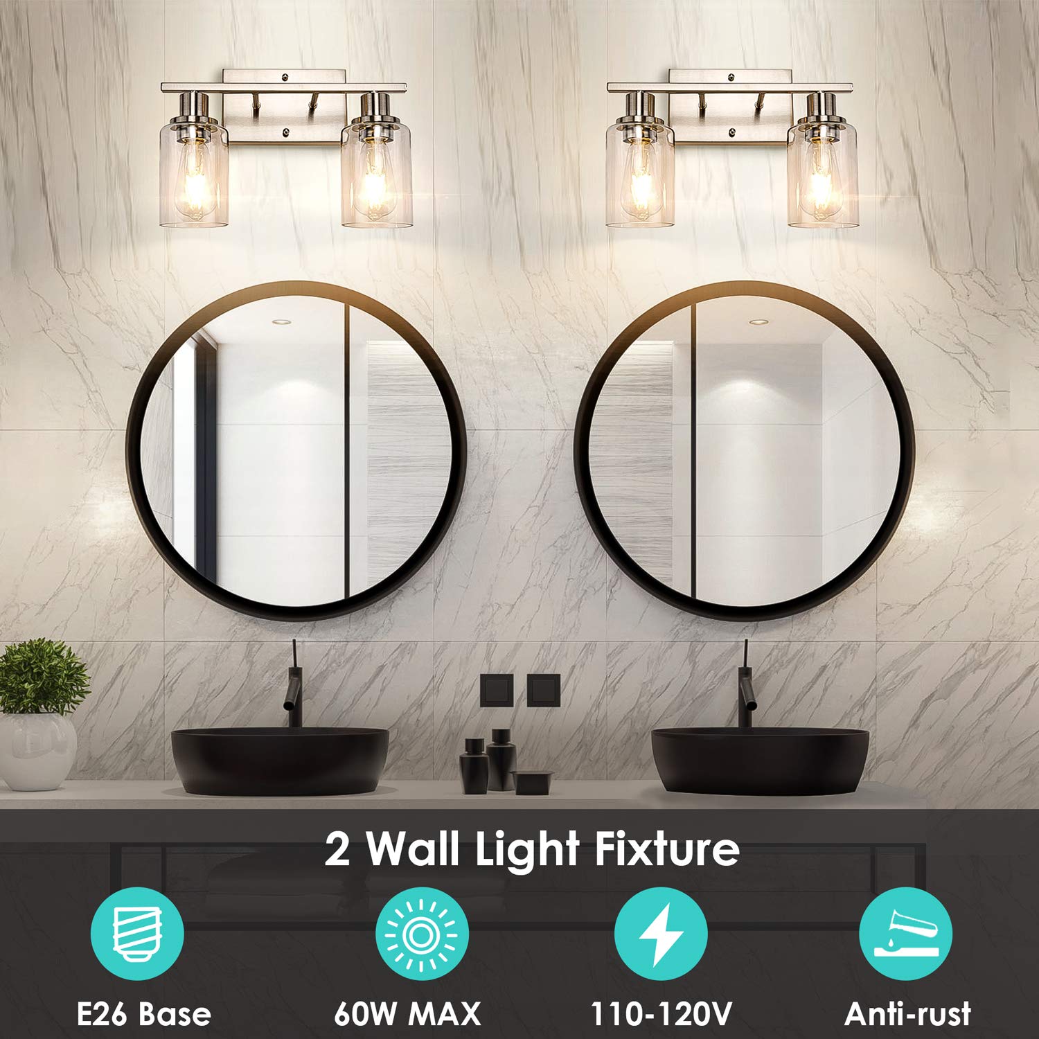 ShineTech 2-Light Bathroom Vanity Light, Brushed Nickel, Clear Glass Shade, 14.17 inch, Model OMTZT-009