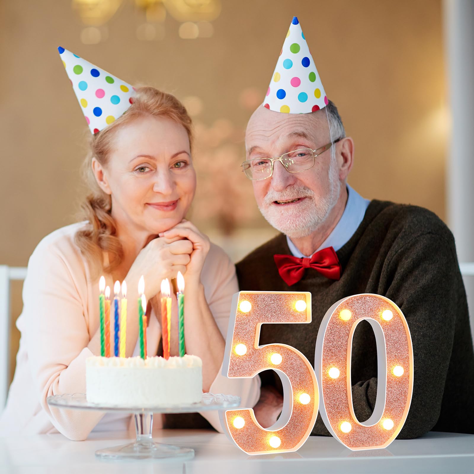 Treela LED Number Sign - 8.7'' Rose Gold Glitter for 50th Birthday Party Decorations, Marquee Light Up Centerpiece, Treela-Light-01