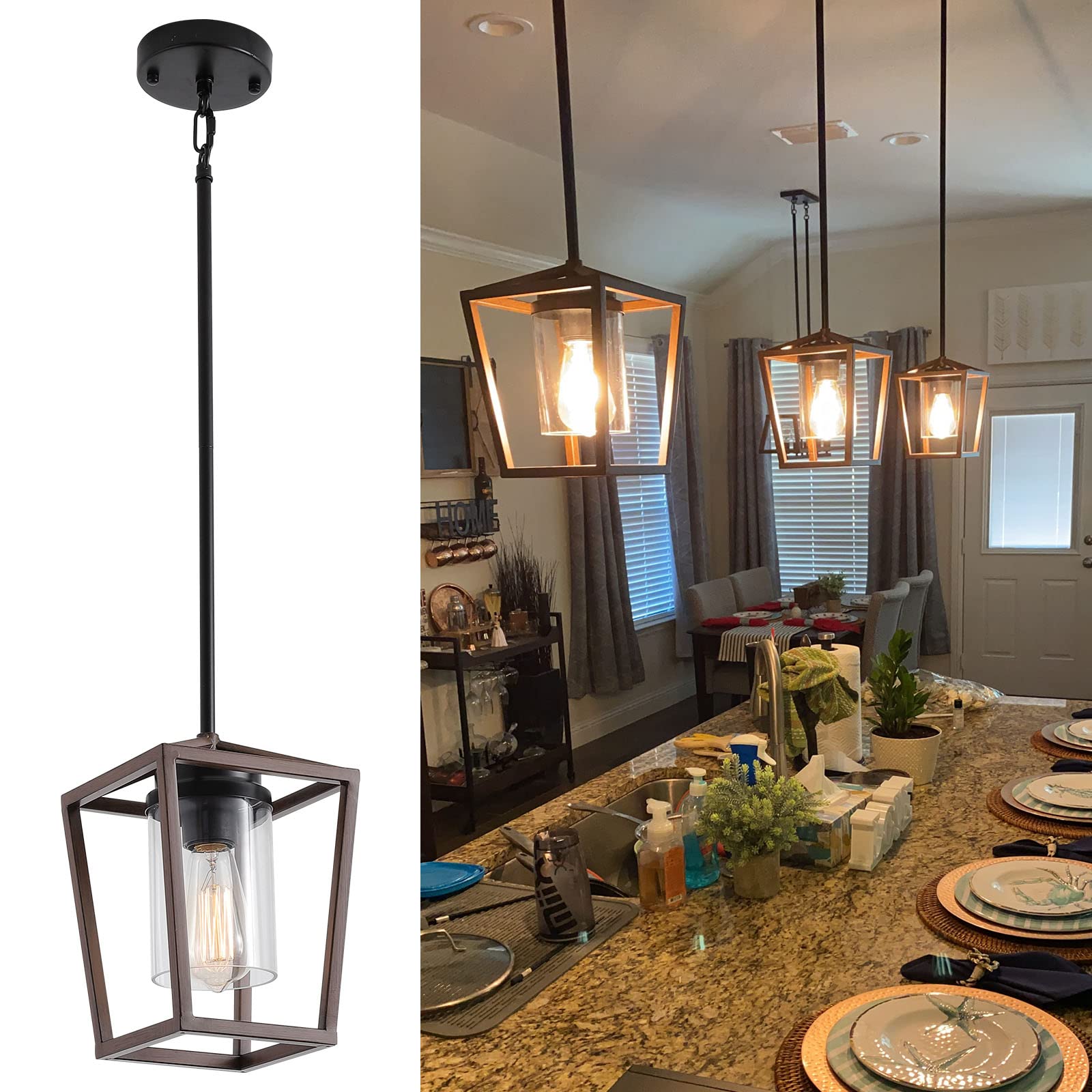 SGLfarmty Farmhouse Pendant Lighting for Kitchen, Single Pendant Island Light with Wooden Grain Finish,Modern Industrial Metal P