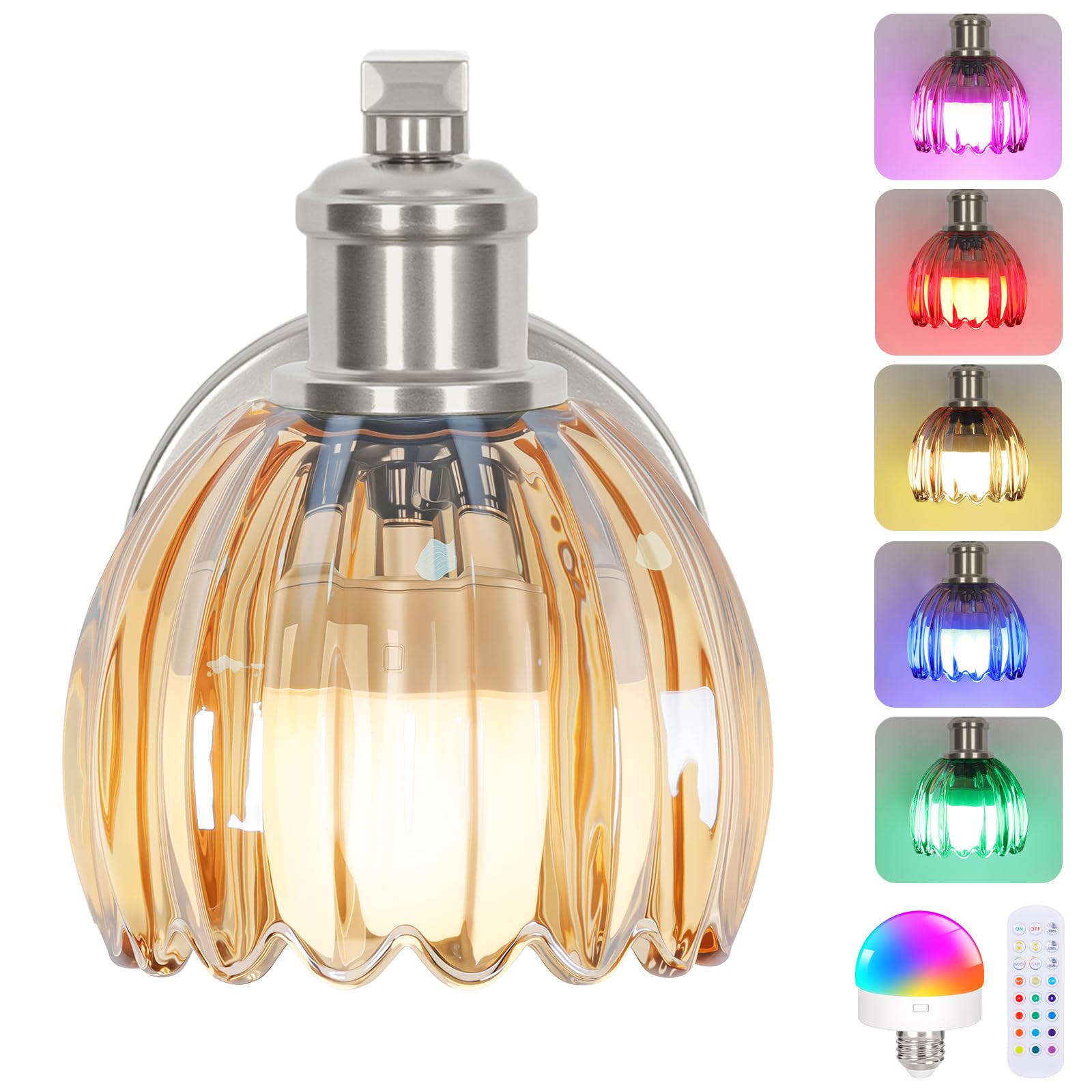 VerRon Rechargeable Wall Sconce - Amber Glass, Wireless, Remote Control, 15 Colors, Metal, 1-Pack, Model B05092P