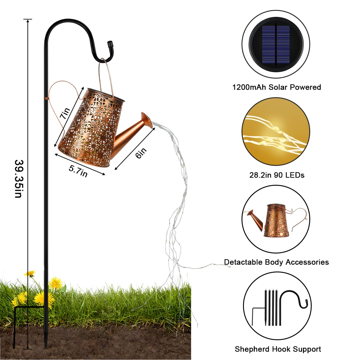 JORETLE Solar Watering Can with Lights, Bronze, 1 Pack, Brass & Metal, Model HE-28, Waterproof Outdoor Garden Lanterns