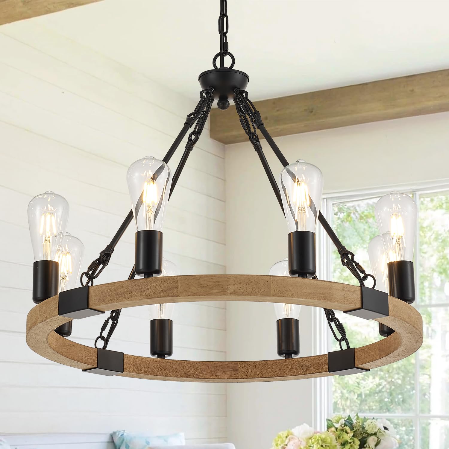 brfaixla 8 Lights Wooden Wagon Wheel Chandelier 23.6'' Natural Farmhouse, Black Metal Ceiling Pendant Light Industrial Vintage R