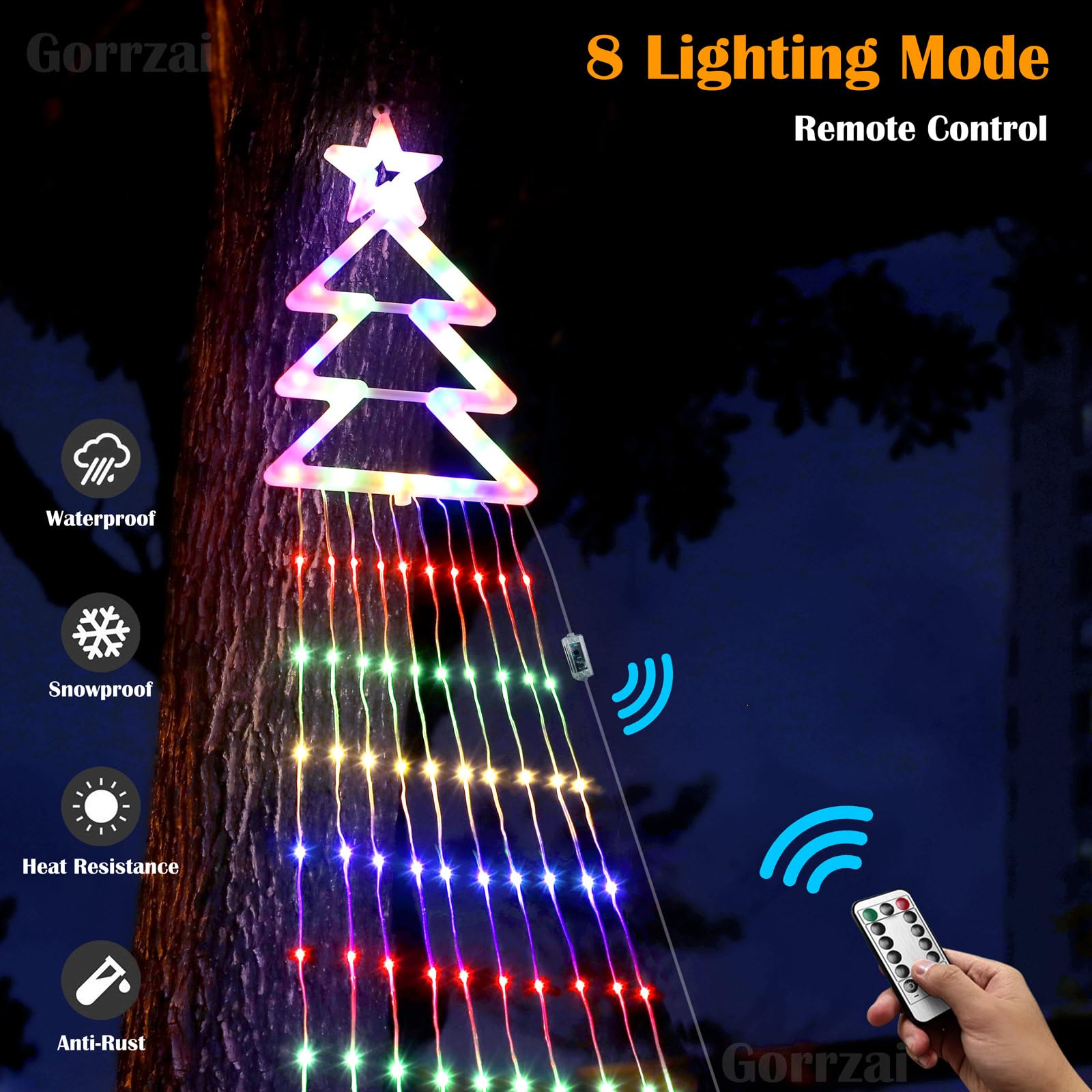 Outdoor Christmas Decorations Star String Lights 420 Led Waterproof Waterfall Lights With Christmas Tree Topper, Gorrzai 8 Light