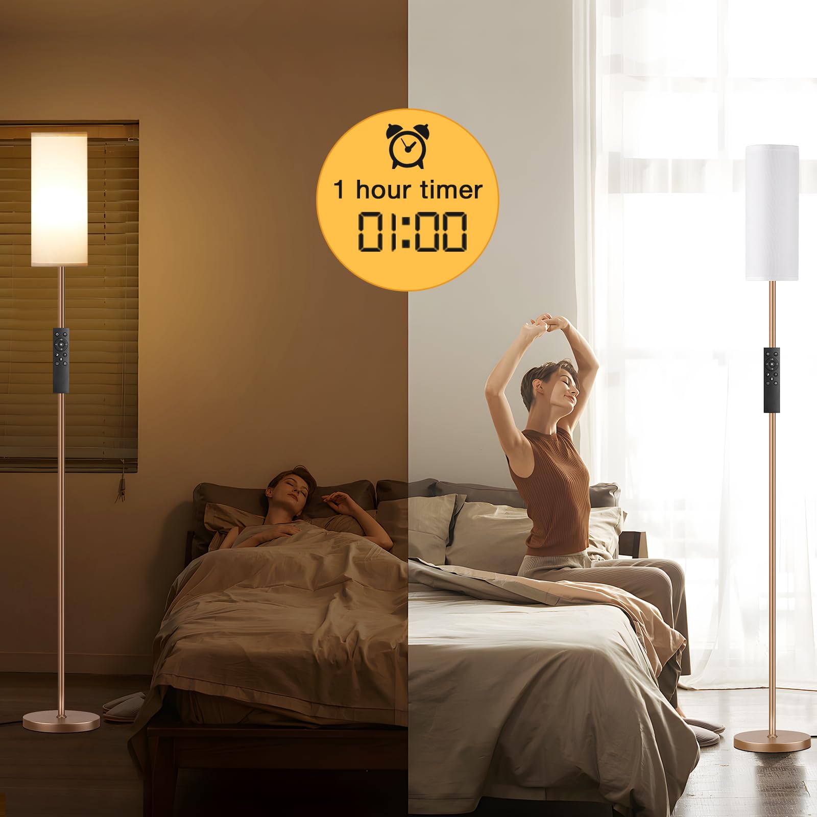 Ambimall 64'' Floor Lamps For Living Room With Remote Control And Stepless Dimmable Colors Temperature & Brightness, 9W Bulb Included(White Lampshade & Brown Pole)