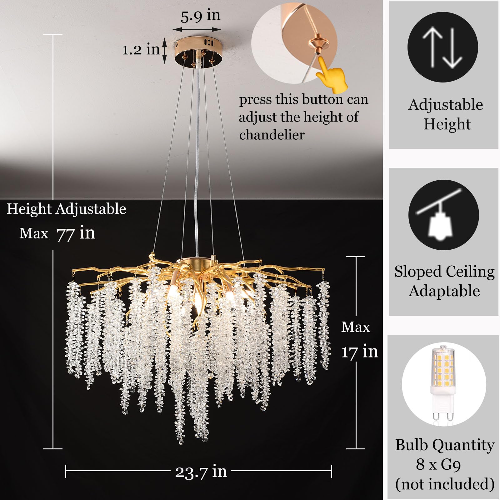 Upfelw Modern Crystal Tree Branch Chandelier - 9 Lights, D23.7'', Gold Pendant Light for Dining Room, Living Room, Bedroom - Model UBC-G09-0426