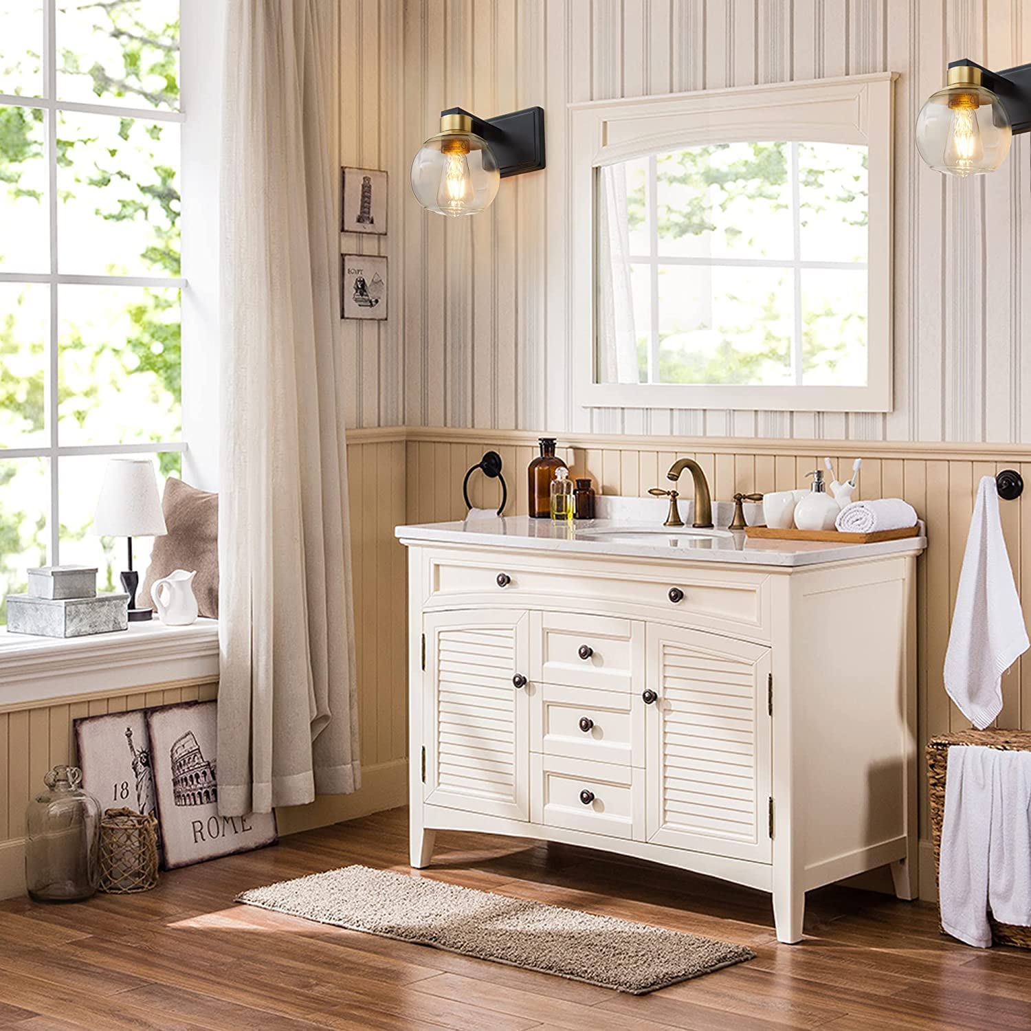 Pazala 2 Pack Black And Gold Wall Lights For Bedroom Modern Wall Sconces Set Of Two Lighting Fixtures Wired, Globe Glass Lamp, W