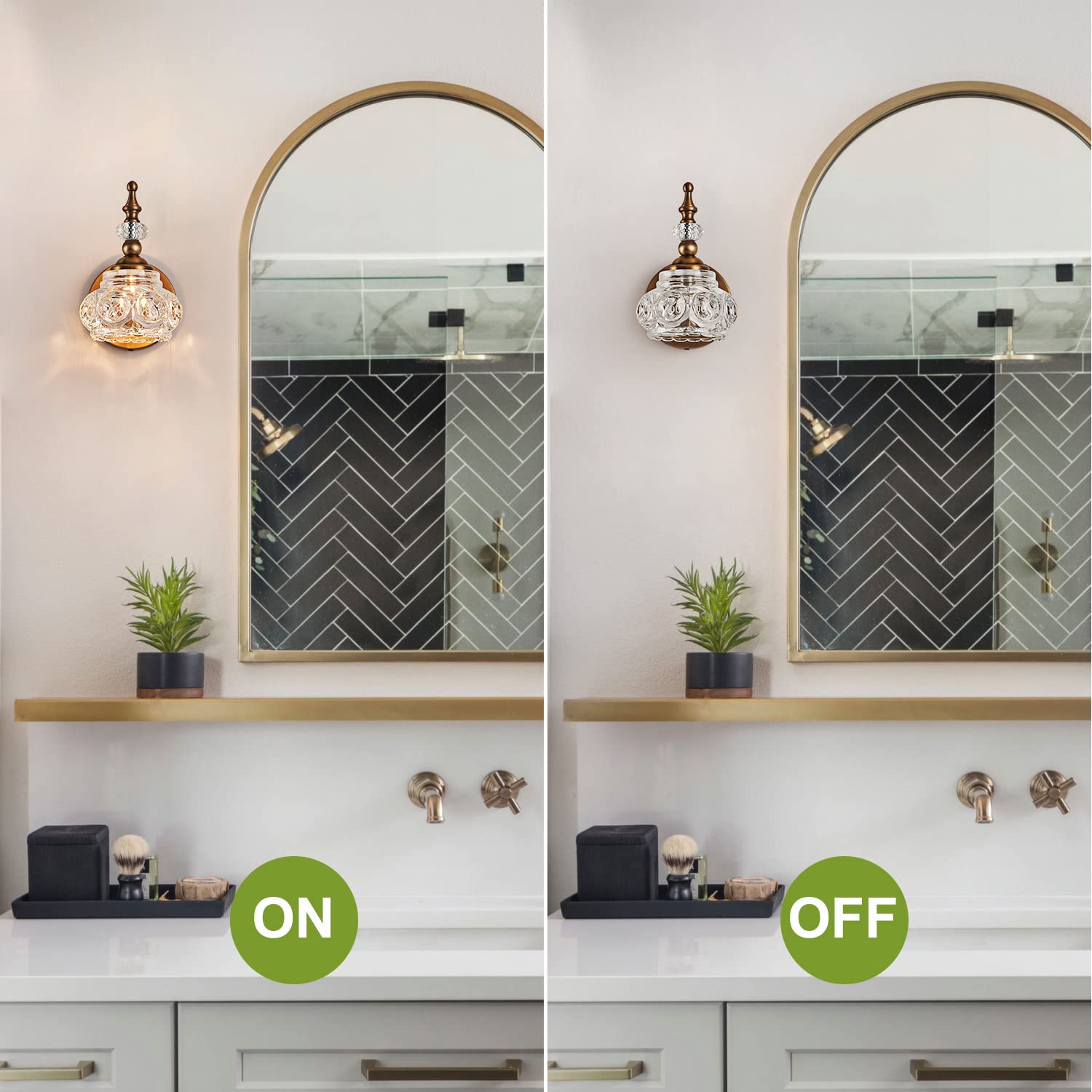 Zilanl Vintage Bathroom Vanity Light Fixtures, 3-Light Brass Vanity Wall Light Over Mirror With Amber Glass Shade For Bathroom B