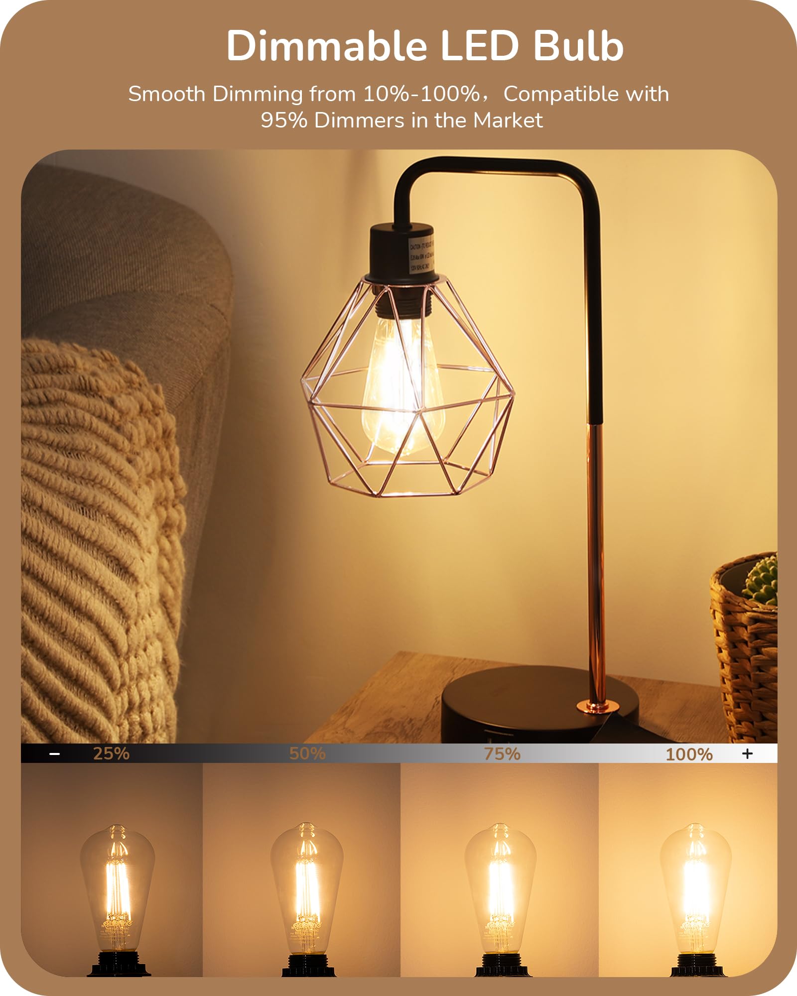 Edishine 6 Pack Vintage Led Edison Bulbs 8W Equivalent 60W, St64 Dimmable Led Light Bulbs, 700Lm 2700K Warm White Light E26 Base
