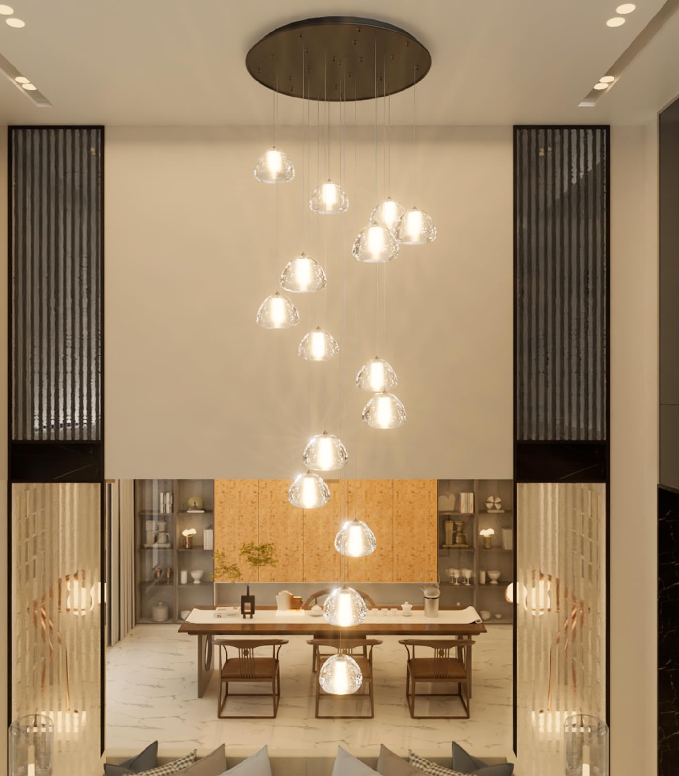 dolria Modern Crystal Chandelier - 14-Lights Round, Black LED Lighting Fixture for Staircase, Foyer, Living Room - Model PC0010-14B