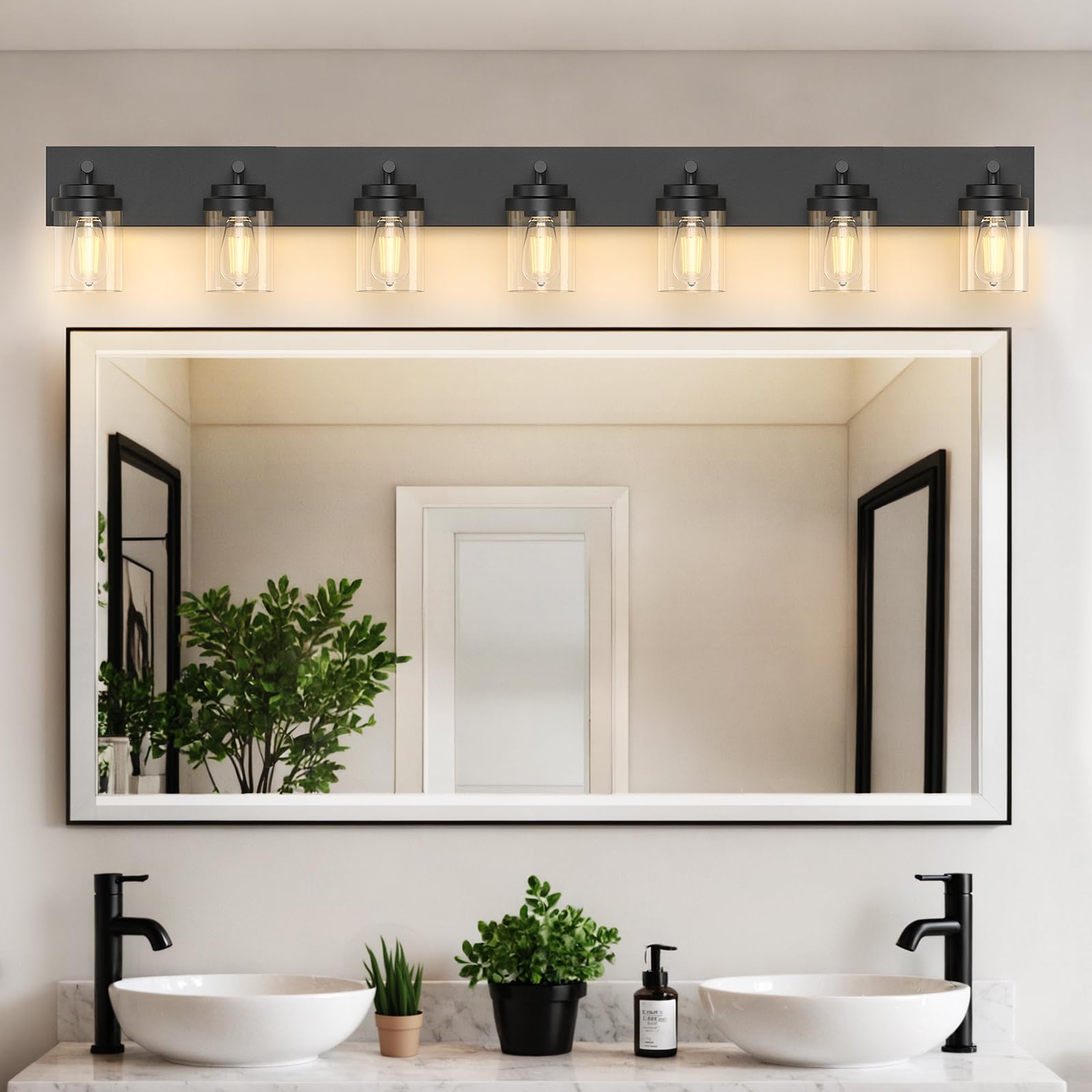 Izorro Bathroom Vanity Light Fixture  7-Light 51 Inch Matte Black Bathroom Light Fixtures Over Mirror  With Clear Glass Shade  Modern Farmhouse Vanity Lights  Rustic Restroom Lighting Fixtures