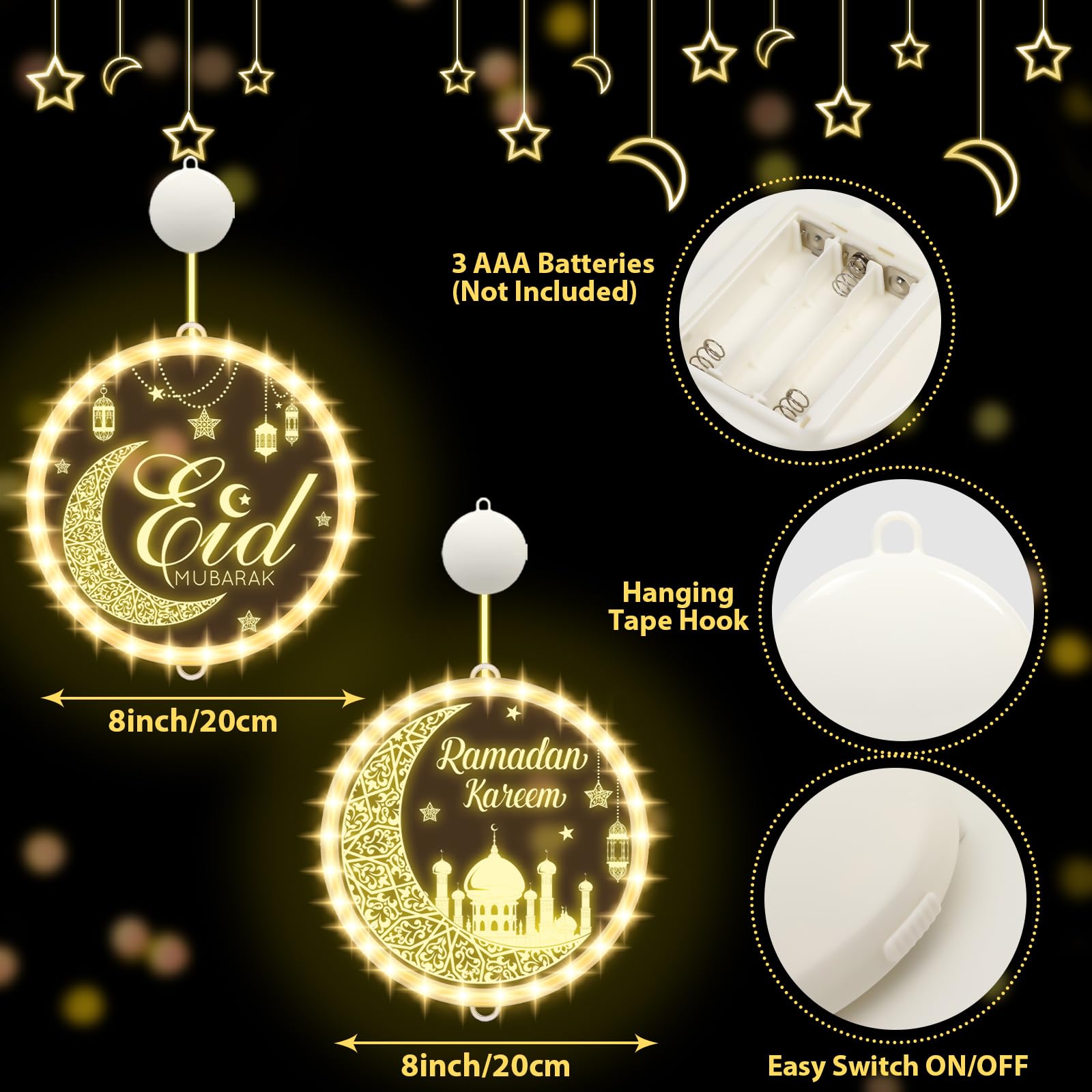 gisgfim 3D Eid Ramadan Mubarak Lights - Battery Operated, Acrylic, White, Model MM1518, Indoor/Outdoor Decoration
