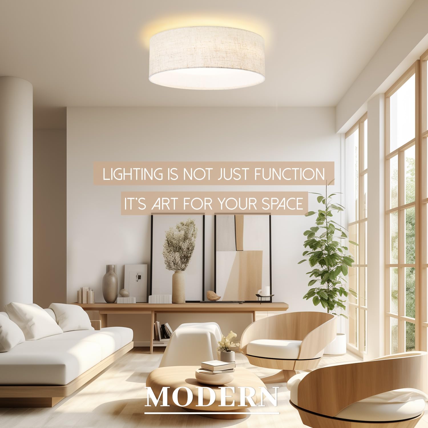 Hamilyeah 24W Led Ceiling Light, 12&quot; Dimmable Fabric Shade Fixture For Kitchen & Living Room