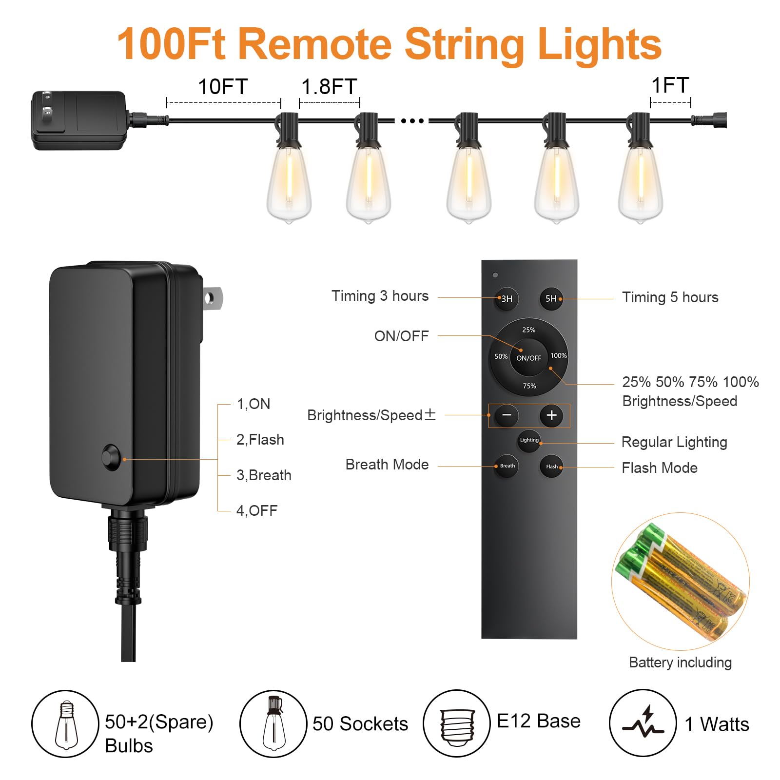 Lapitio 100Ft Remote Outdoor String Lights For Outside, 50+2 Led Waterproof Shatterproof Edison Dimmable Timer Bulbs, 2500K Warm