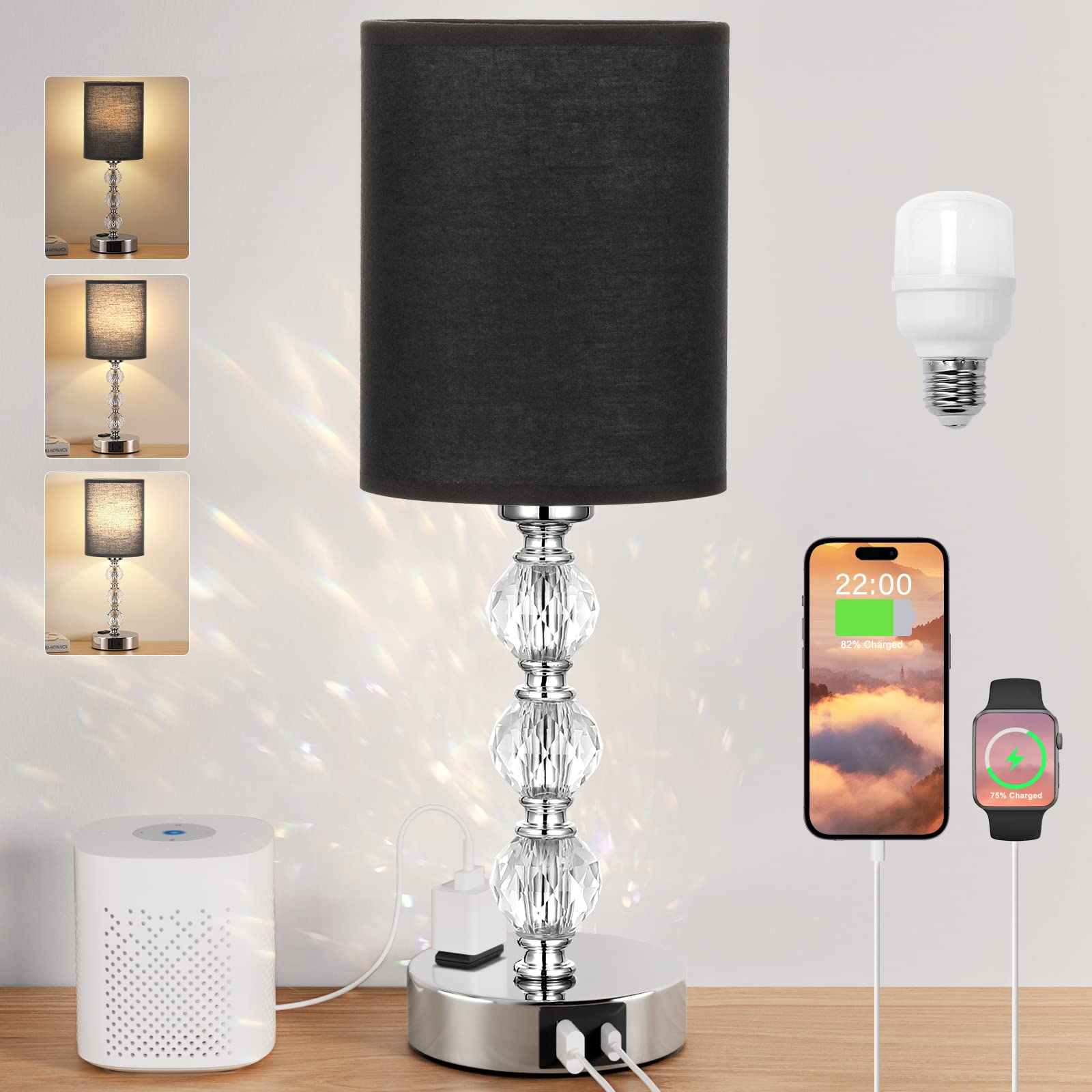 Black Touch Bedside Lamps for Bedrooms - Crystal Table Lamp with USB C+A Charging Port and AC Outlet Nightstand, 3 Way Dimmable 