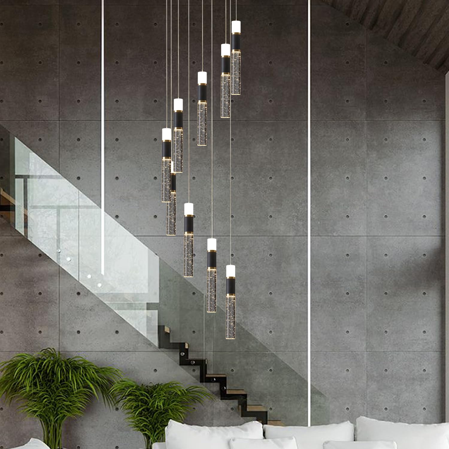 Embring Modern Chandelier,Dimmable Black Gold Led Chandelier For High Ceilings Chandelier Modern Foyer Chandeliers Entryway High Ceiling Hanging Long Chandelier For Staircase With Remote