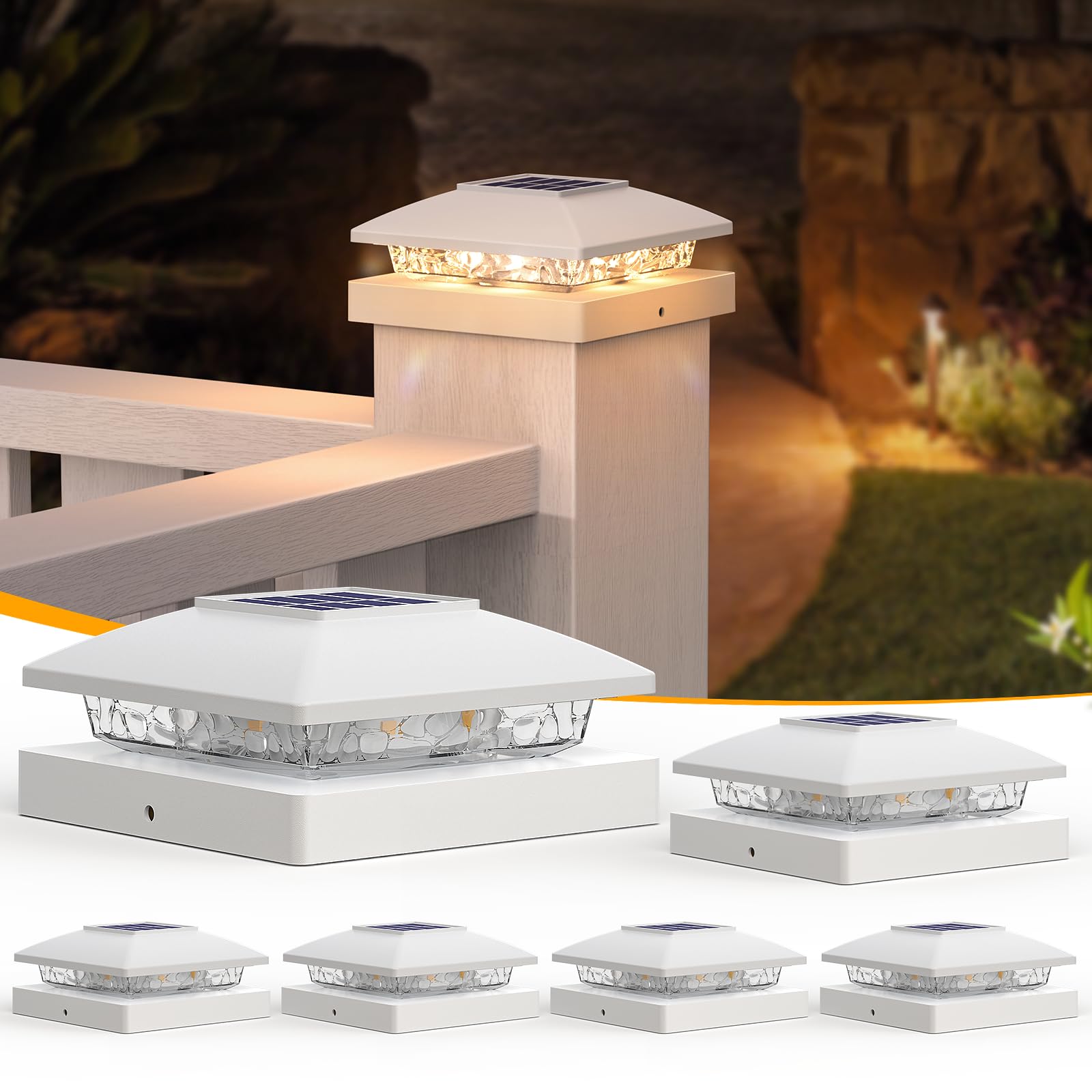 APONUO Solar Post Cap Lights, 4x4, Bright Warm White LED, IP64 Waterproof, 6 Pack, Plastic, Model TZ10W, White
