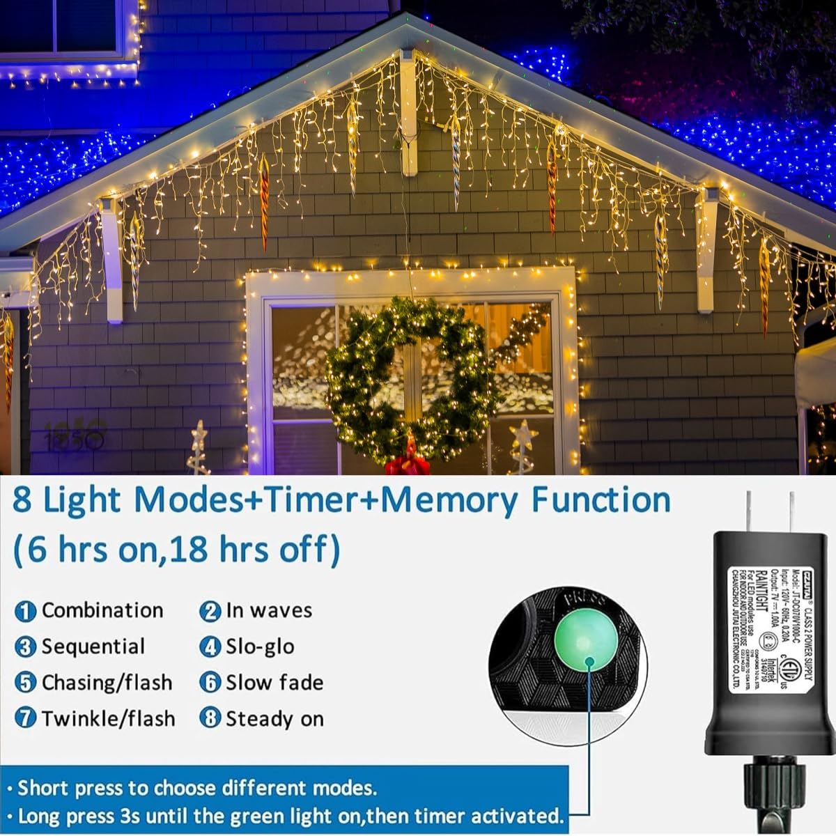 Yeguo 33Ft 400 Led Icicle Lights Outdoor, 80 Drops Icicle Christmas Lights Connectable, 8 Modes Warm White Xmas Icicle Lights Wi