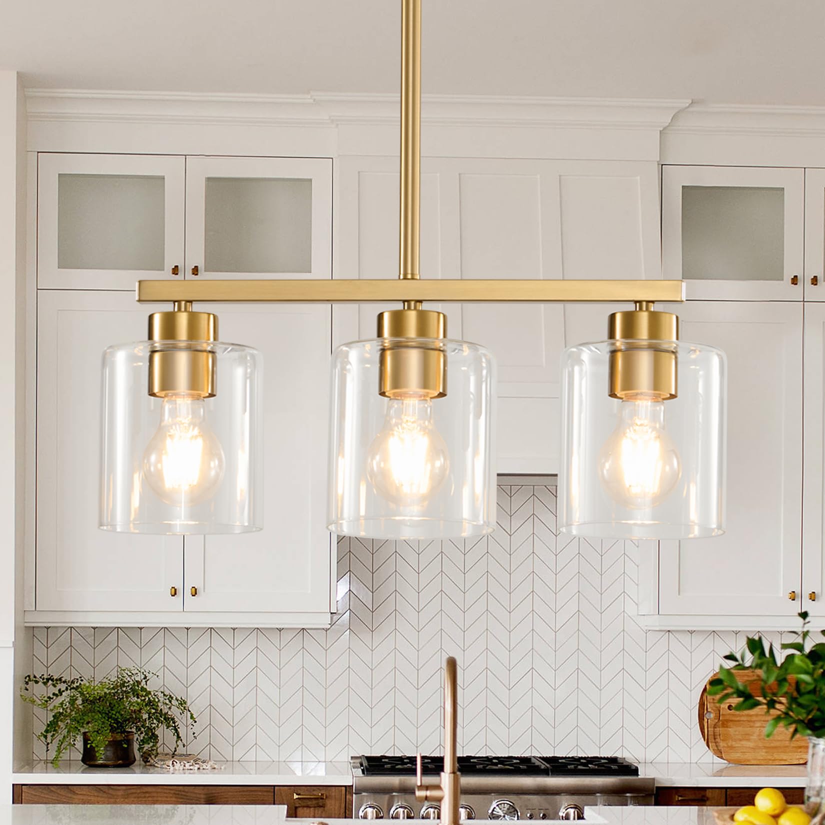 Rocunsi 3-Light Gold Kitchen Island Lighting  Gold Pendant Light Fixture  Farmhouse Dining Room Light Fixtures Over Table  Modern Hanging Light Fixtures With Clear Glass  E26 Base  Bulbs Not Included