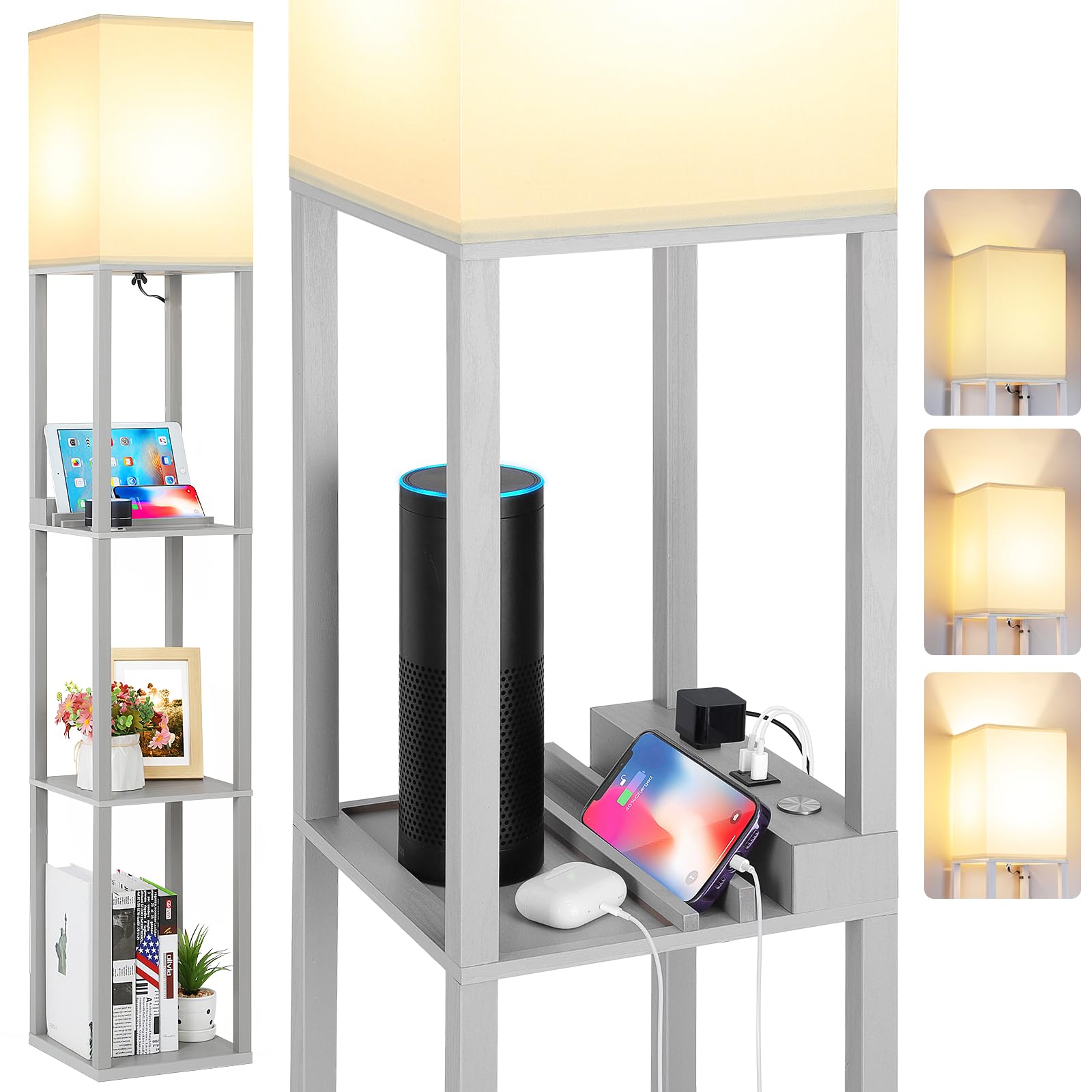 FOLKSMATE LED Shelf Floor Lamp, Modern Touch Control Dimmable Standing Lamp with 2 USB Ports and 1 Power Outlet, Corner Tall Lam