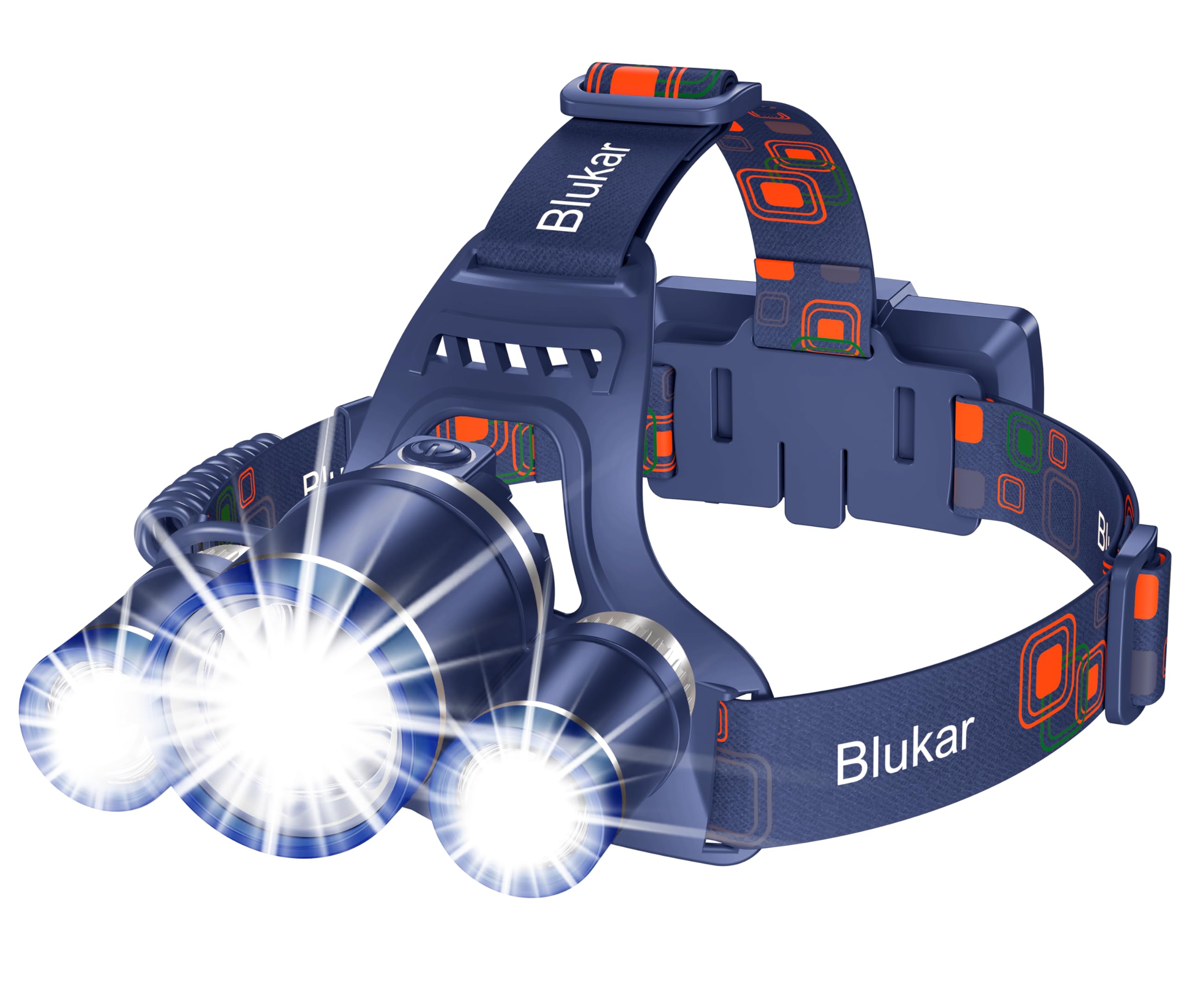 Blukar LED Headlamp, 8000L Rechargeable Flashlight, 3 Lights 5 Modes, IPX6 Waterproof, Blue, Model K9116