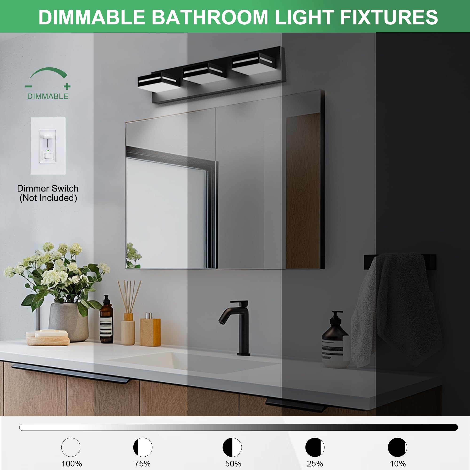 Sailstar LED Modern Bathroom Vanity Light Fixture, 5CCT 24W 3-Light Bathroom Lighting Fixtures Over Mirror, Dimmable Acrylic Van