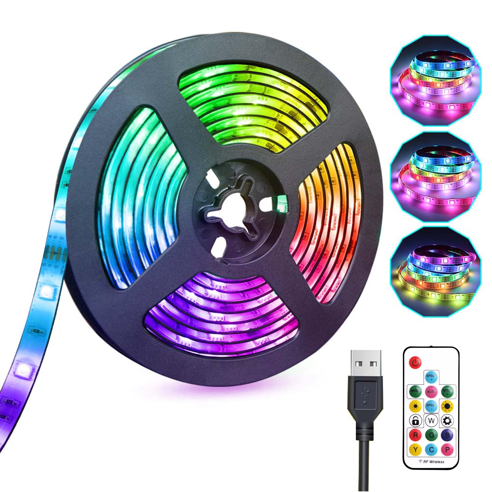 XYOP USB LED Lights Strip 16.4ft, USB Powered LED Light with 17-Key Remote Controller Waterproof RGB Color Changing LED Strip Fl