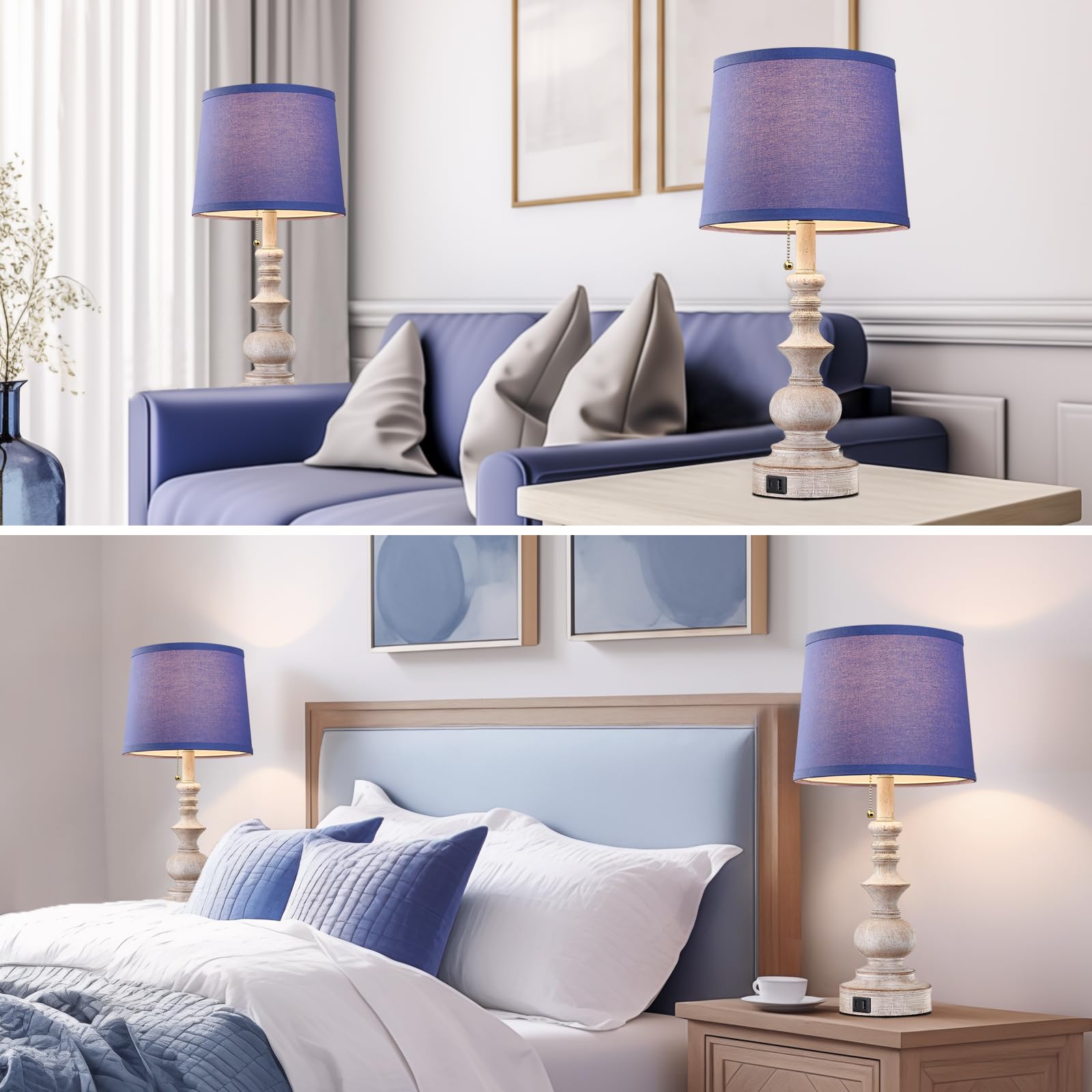22'' Farmhouse Bedroom Table Lamps Set Of 2 Bedside Nightstand Lamps With Usb A/C Charging Ports Small Side Table Lamps For Livi