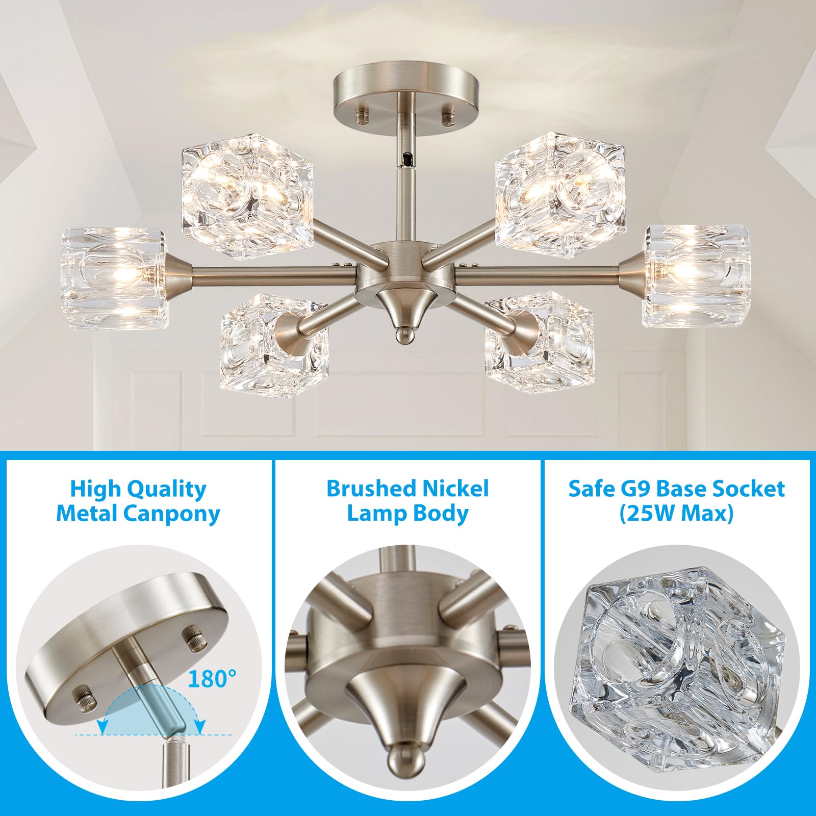 Xingqi Brushed Nickel Chandelier 6-Light 22'' Semi Flush Mount Ceiling Light Fixture Modern Round Sputnik Chandelier For Bedroom
