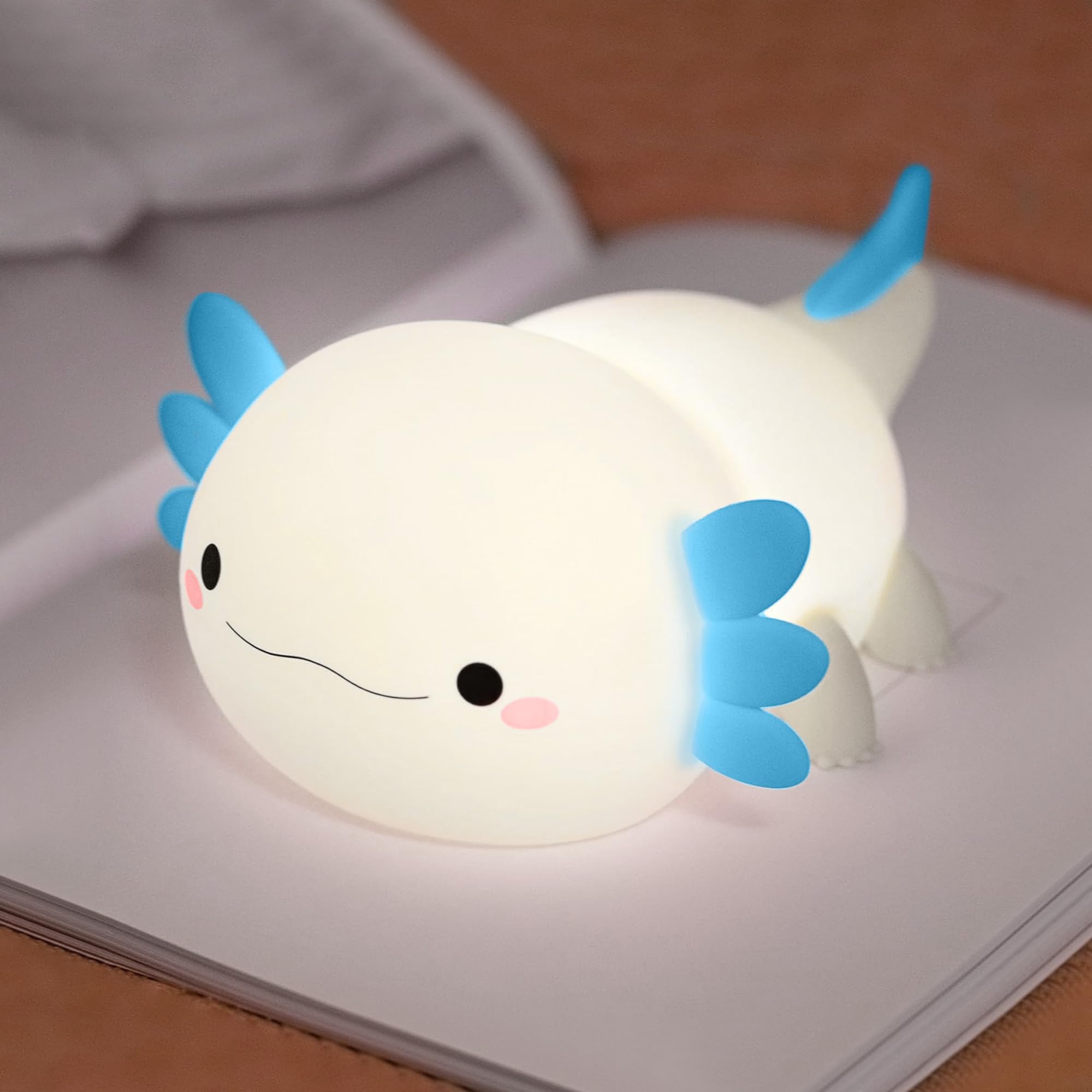 MOKYDUO Axolotl Night Light, Silicone, 2-Level Brightness, Touch Control, 20-Min Timer, Blue