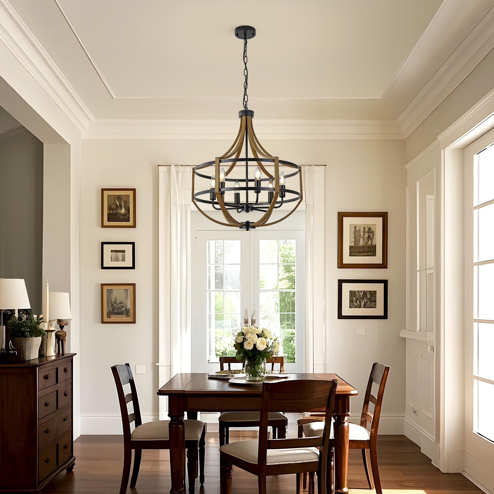 22'' Large Farmhouse Chandelier For Dining Room, Retro Wood Texture & Black Finish, 6-Light Adjustable Height Rustic Pendant Lig