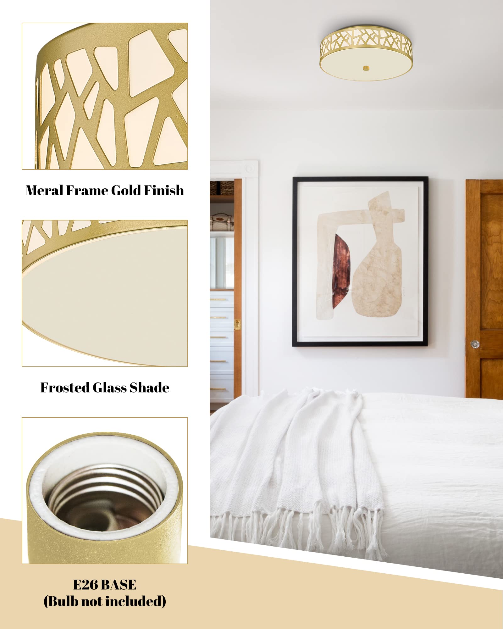 Vicnie 2-Light Flush Mount Ceiling Light, 12&quot; Modern Gold Fixture With Frosted Glass Shade