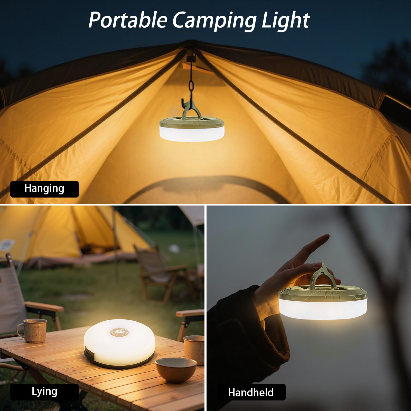 MDCMLKS 2-Pack Camping String Lights, 32.8ft Waterproof, USB Rechargeable, Army Green, Model KXK-828, 8 Lighting Modes