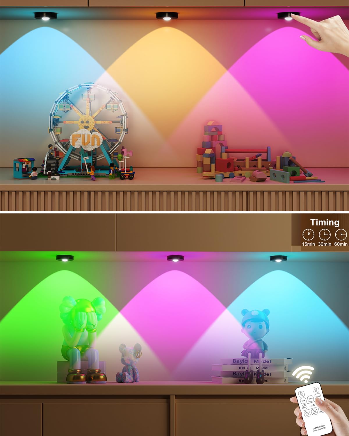 RUYI Rechargeable RGB Puck Lights, Dimmable Touch Under Cabinet Lighting, 3 Pack, USB, Plastic, Model RUYI-US-UCL-R