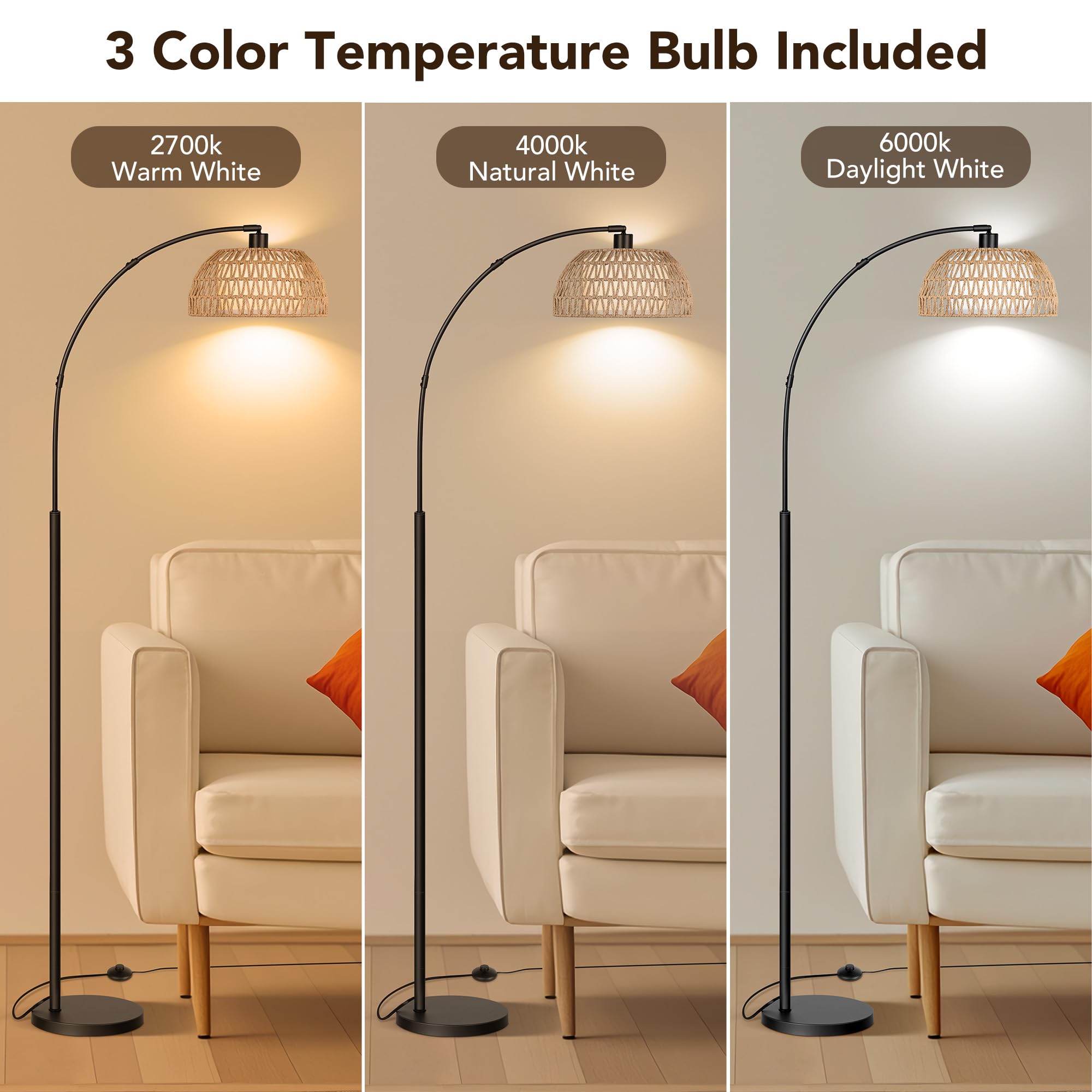 Rottogoon Arc Rattan Floor Lamps For Living Room With 3 Color Temperatures, Boho Floor Lamps With Foot Switch, Bohemian Farmhous