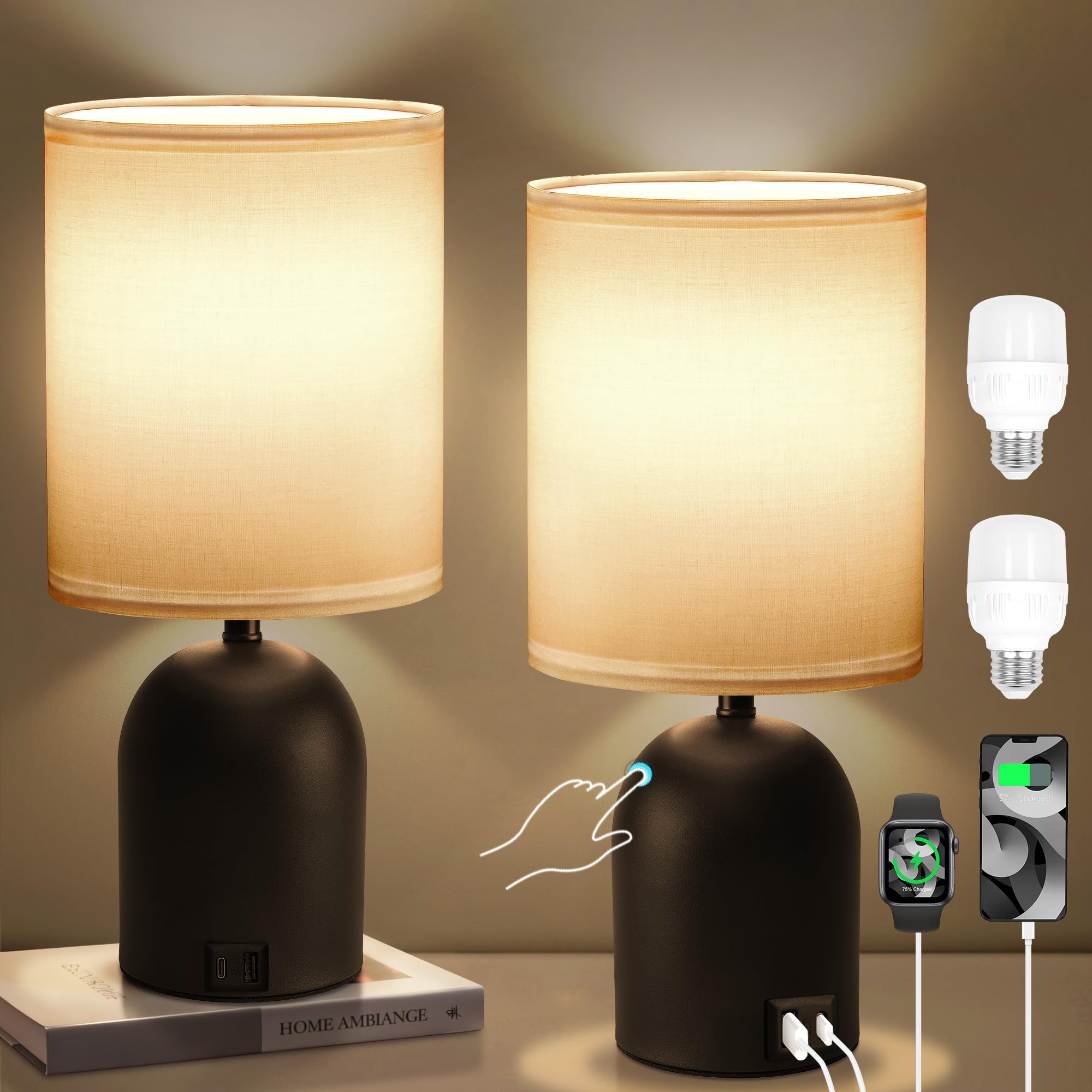 Fttoyoly Bedside Black Table Lamps Set Of 2 For Bedroom, 3 Way Dimmable Touch Nightstand Lamp With Usb C And A Ports Small Table