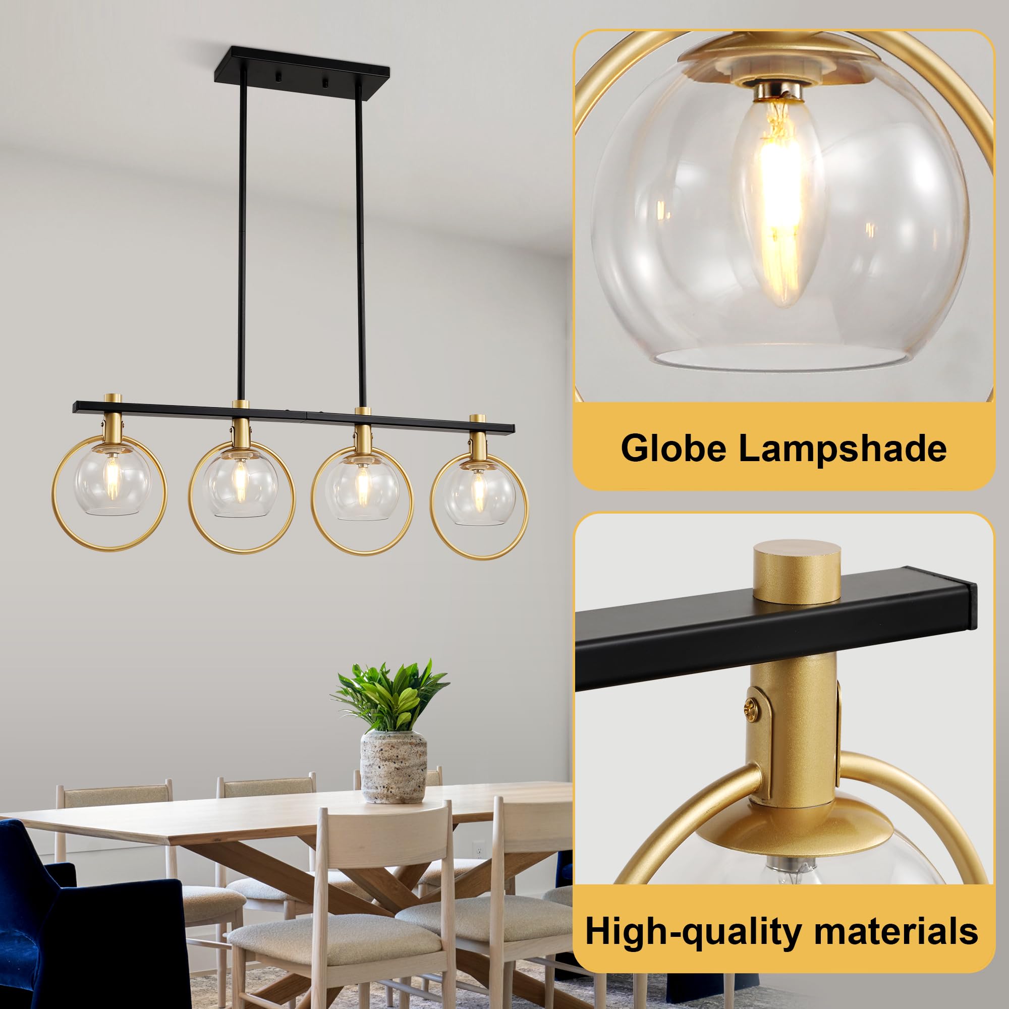 Kveosv Gold Black Chandelier Modern Dining Room Light Fixture 4-Light Kitchen Island Lighting Hanging For Farmhouse Linear Chand