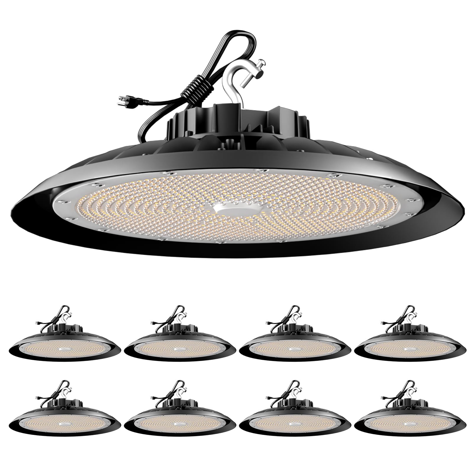 Lightdot High Bay LED Shop Lights 250W(260x1W Chip) 37500lm 5000K High Bay LED Light  AC100-277V UFO Lights with US Plug for 30-50FT Height Warehouse/Shop-8Pack