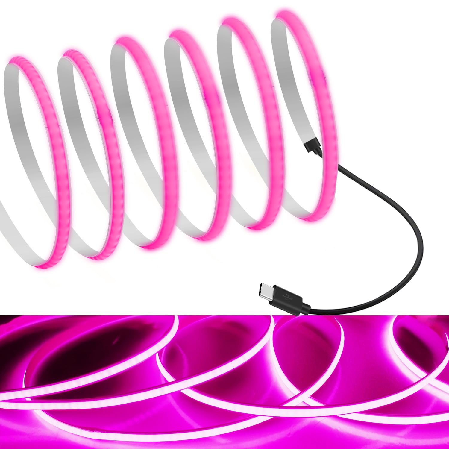 Mdee?Type C Cob Tape Light Led Strip.9.84Ft/3M- Flexible 5Mm Hidden Dc 5V Led Tape With 320 Leds/M For Pink Lighting. Cuttable  Shapeable  Type C Powered. Ideal For Kitchen