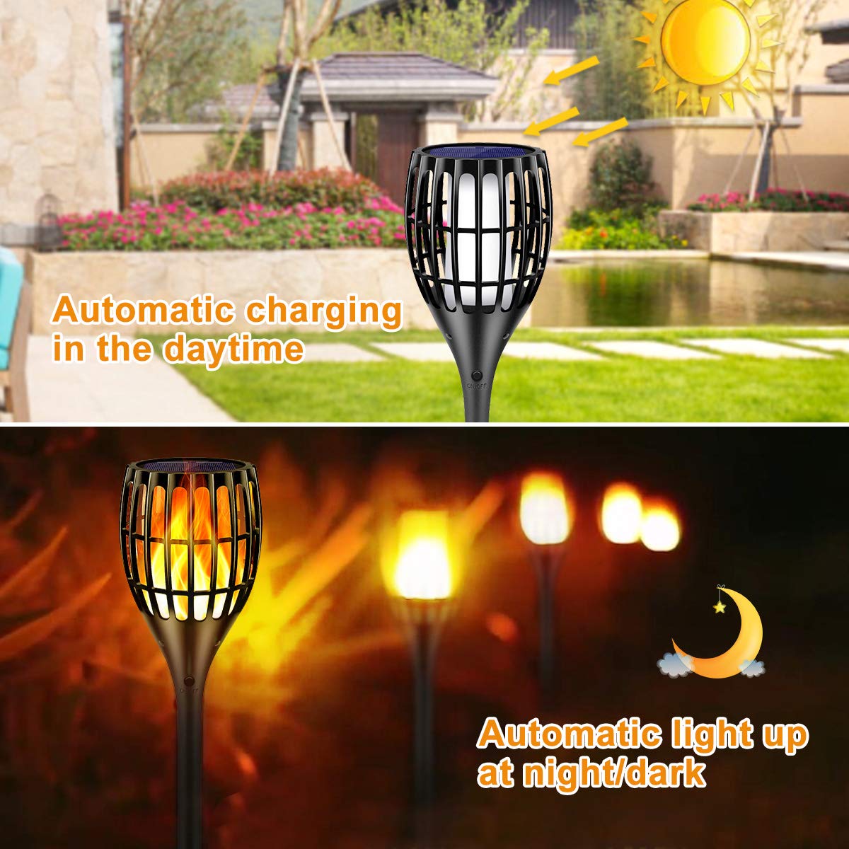Ollivage Solar Torch Lights, Waterproof Flickering Flames, 43 Outdoor Decoration, Black, Dusk To Dawn Auto On/Off, 1 Pack