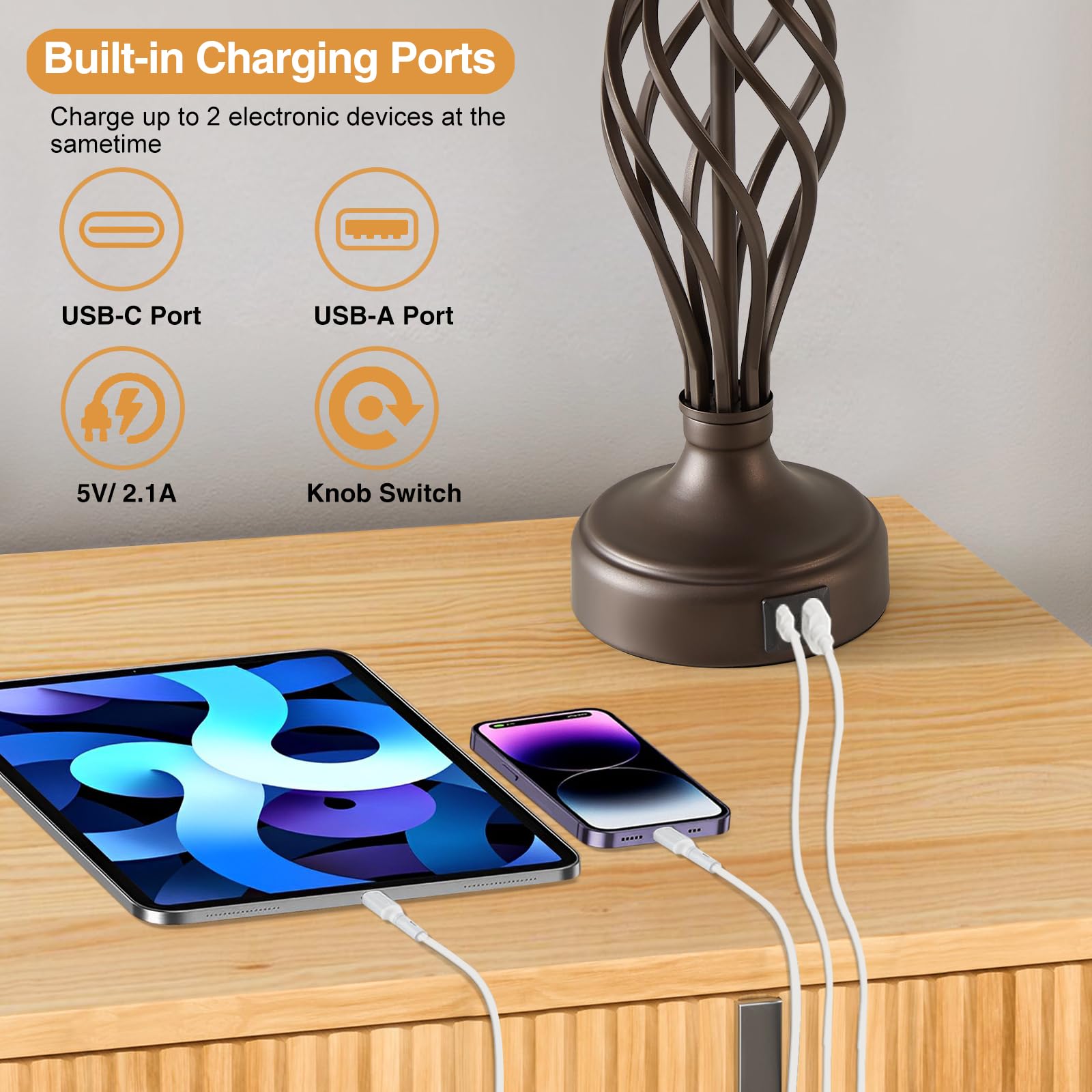 Table Lamp For Bedroom Set Of 2 With Usb C+A Ports - Modern Brown Bedside Lamps With Spiral Cage Base Fabric Shade - Nightstand