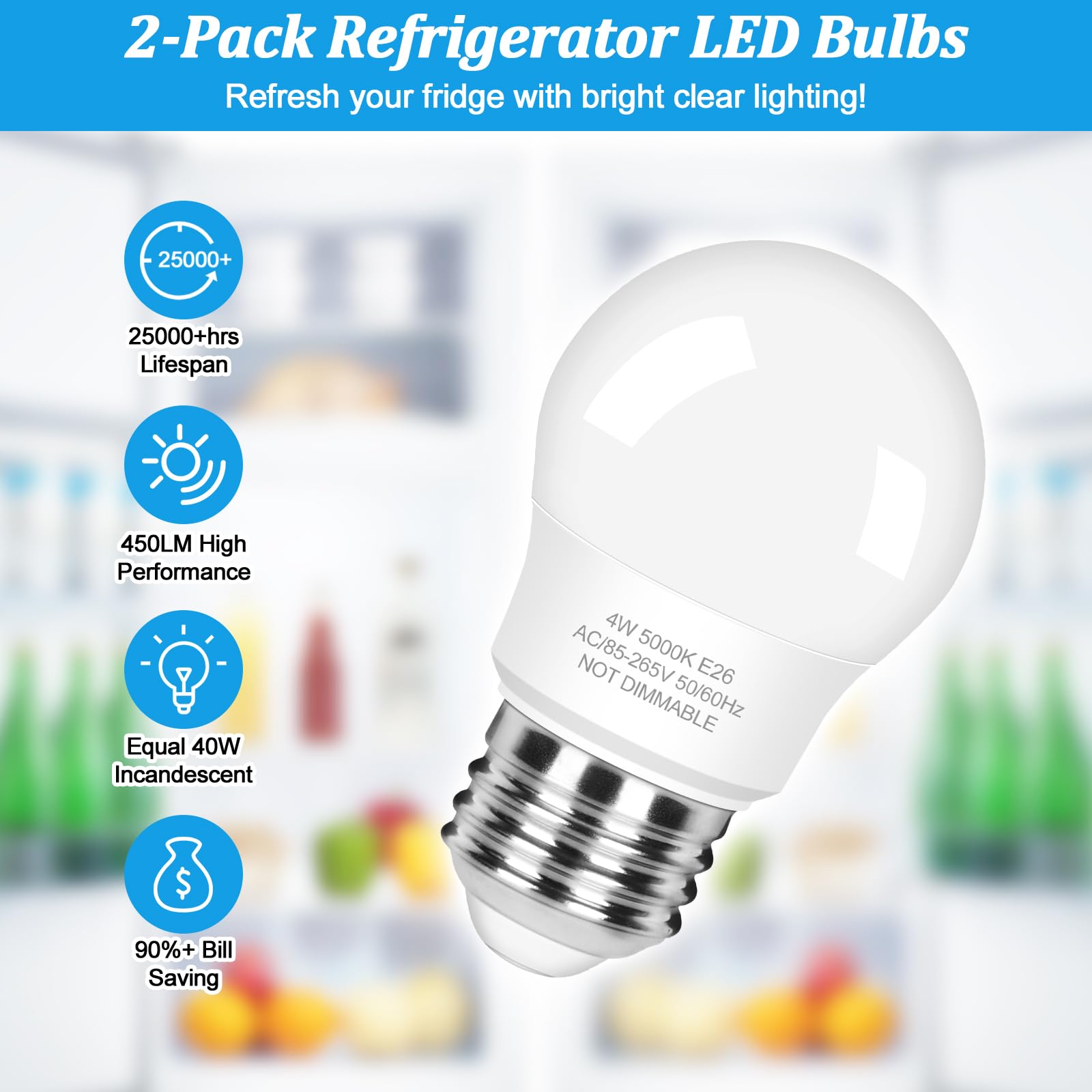 Brightever LED Refrigerator Light Bulb 4W 5000K Daylight White A15 Waterproof E26 Model G45-2014G, 2 Packs