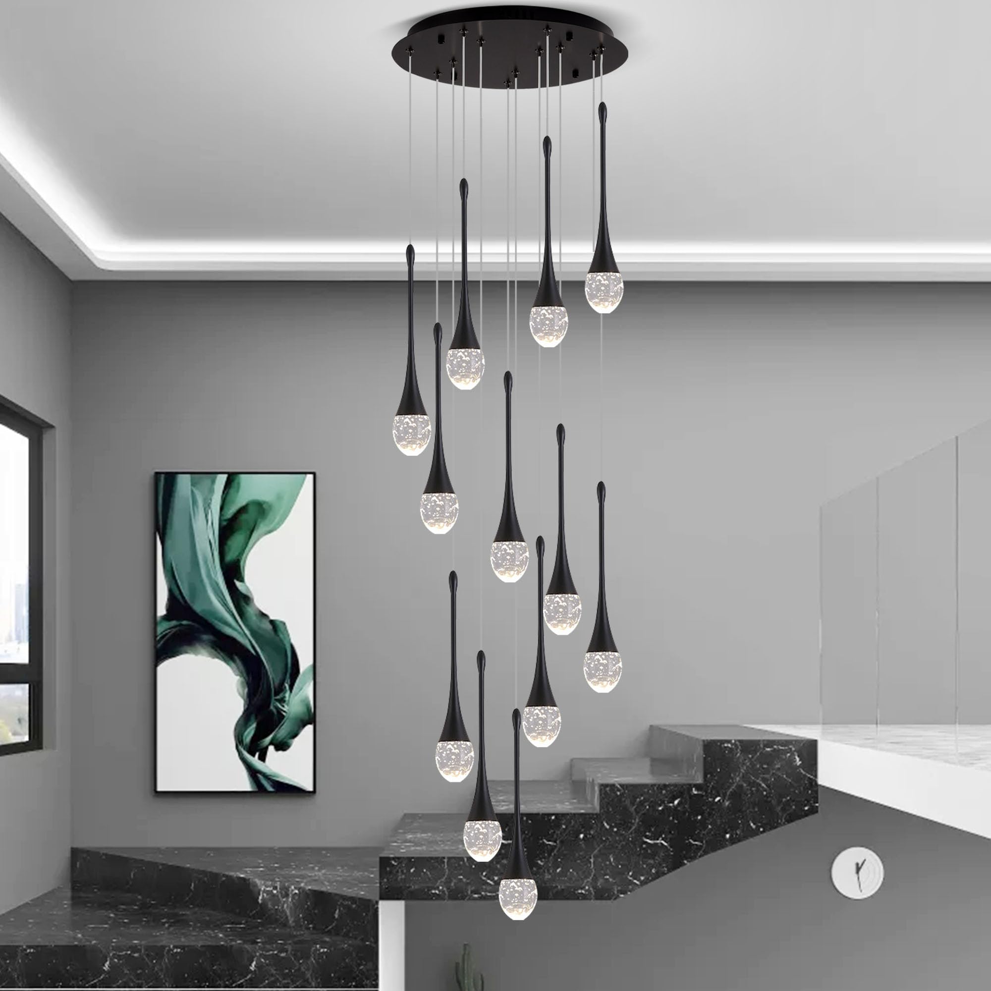 Upfelw Modern Crystal Staircase Chandelier, 12-Lights, Black, Dimmable LED, H120'' High Ceiling Light Fixture, Remote Control
