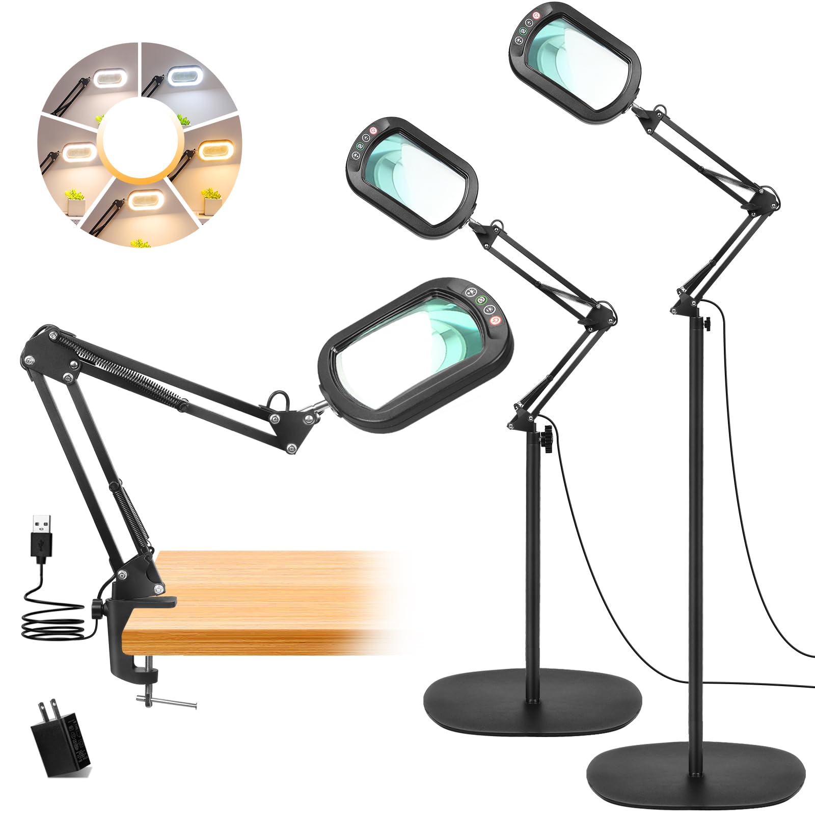 IVMAIE 10X Magnifying Glass with Light and Stand, 3-in-1 Magnifying Floor Lamp with Clamp, 5 Color Modes LED Dimmable Standing M