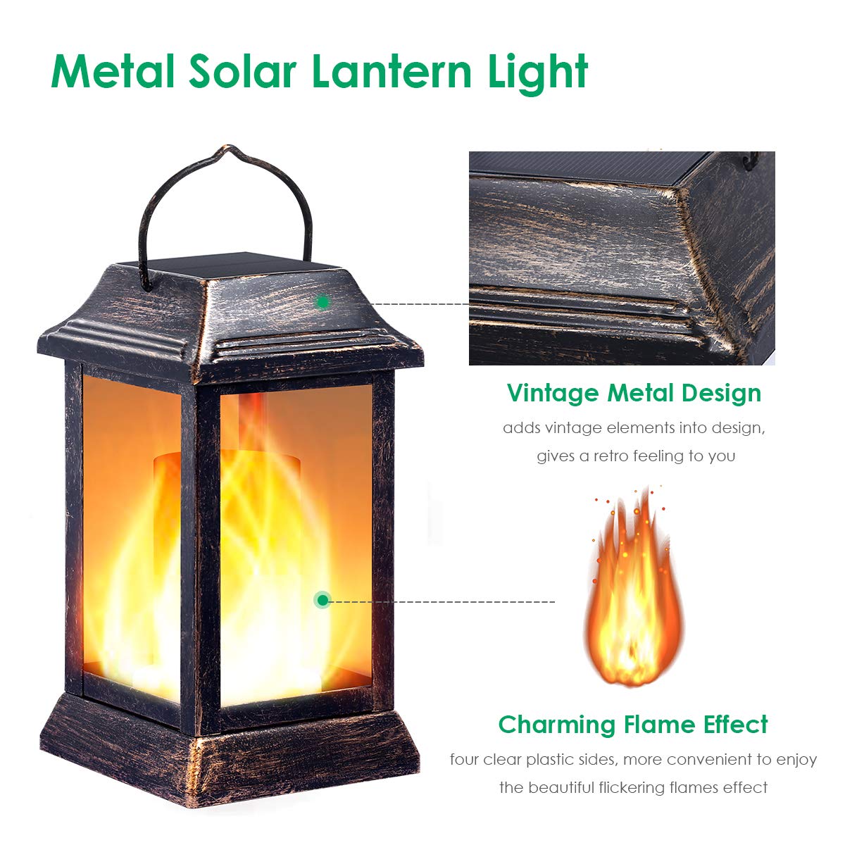 TomCare Solar Lanterns - 2 Pack Metal Flickering Flame LED Lights, Waterproof, Bronze, Model SZ-19003 for Outdoor Patio Garden Decor