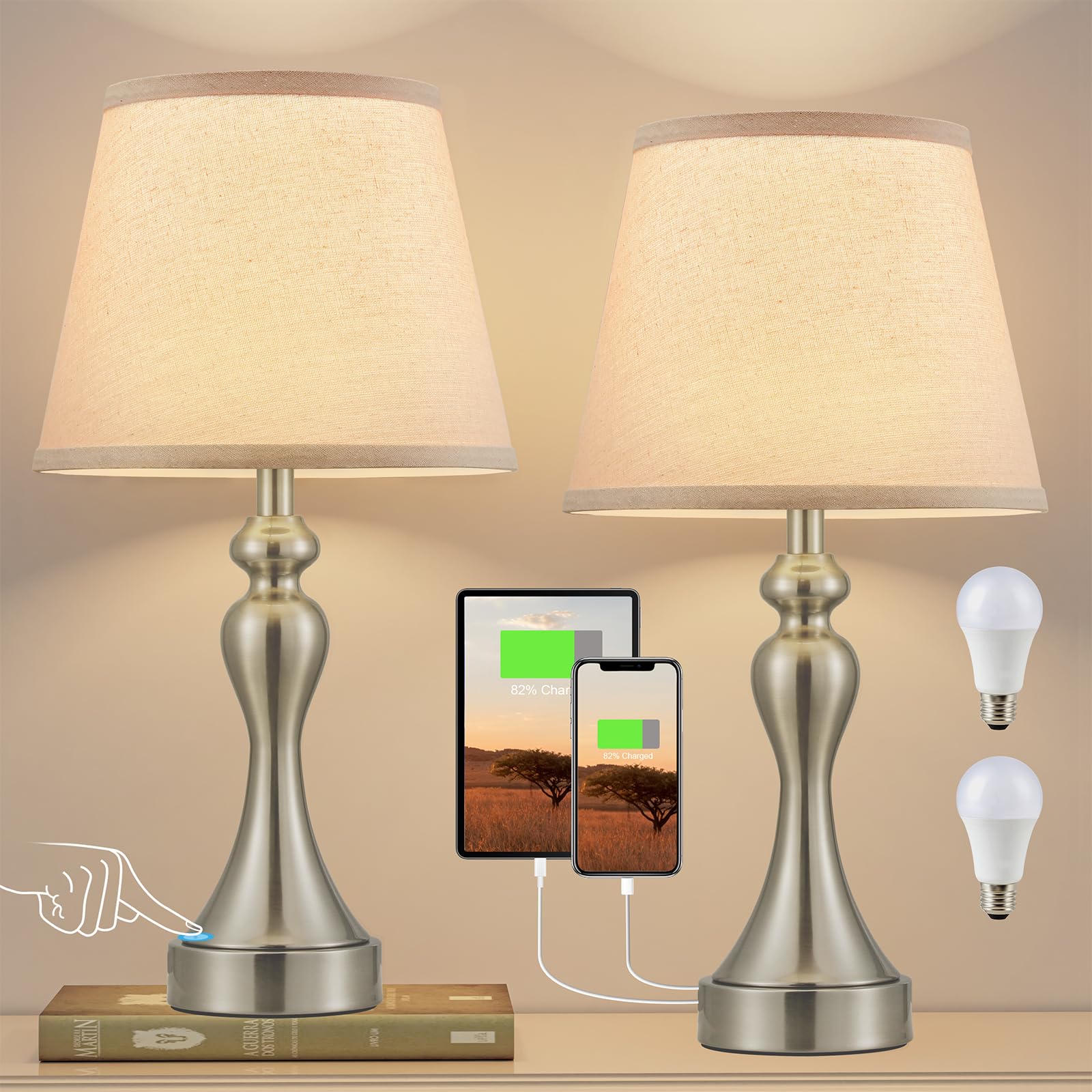 Seealle Touch Lamps for Night Stands - Bedside Lamps Set of 2, 3 Way Dimmable, USB C+A for Bedroom & End Tables (Oat&Nickel)