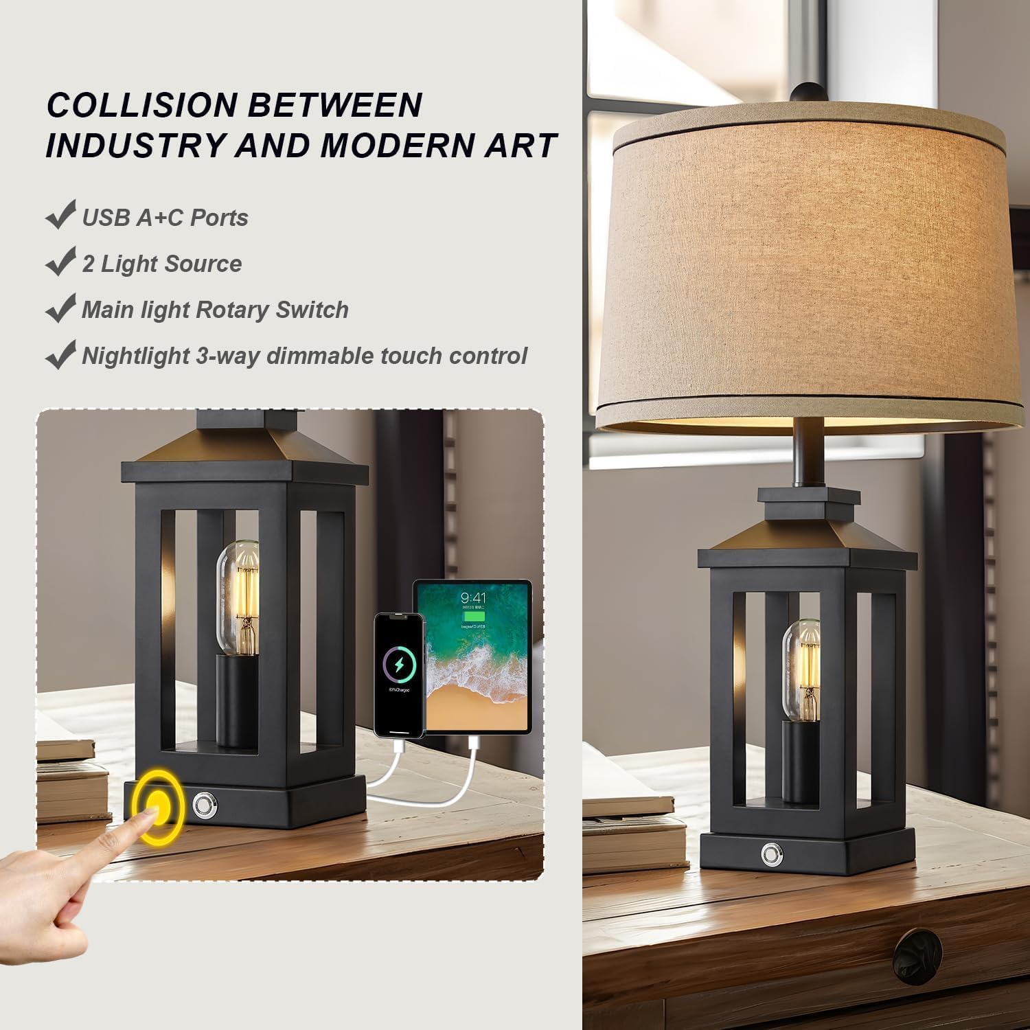 G-SAFAVA Retro Farmhouse Black Table Lamp with USB Ports, Touch Control, Set of 1, Vintage Modern Design