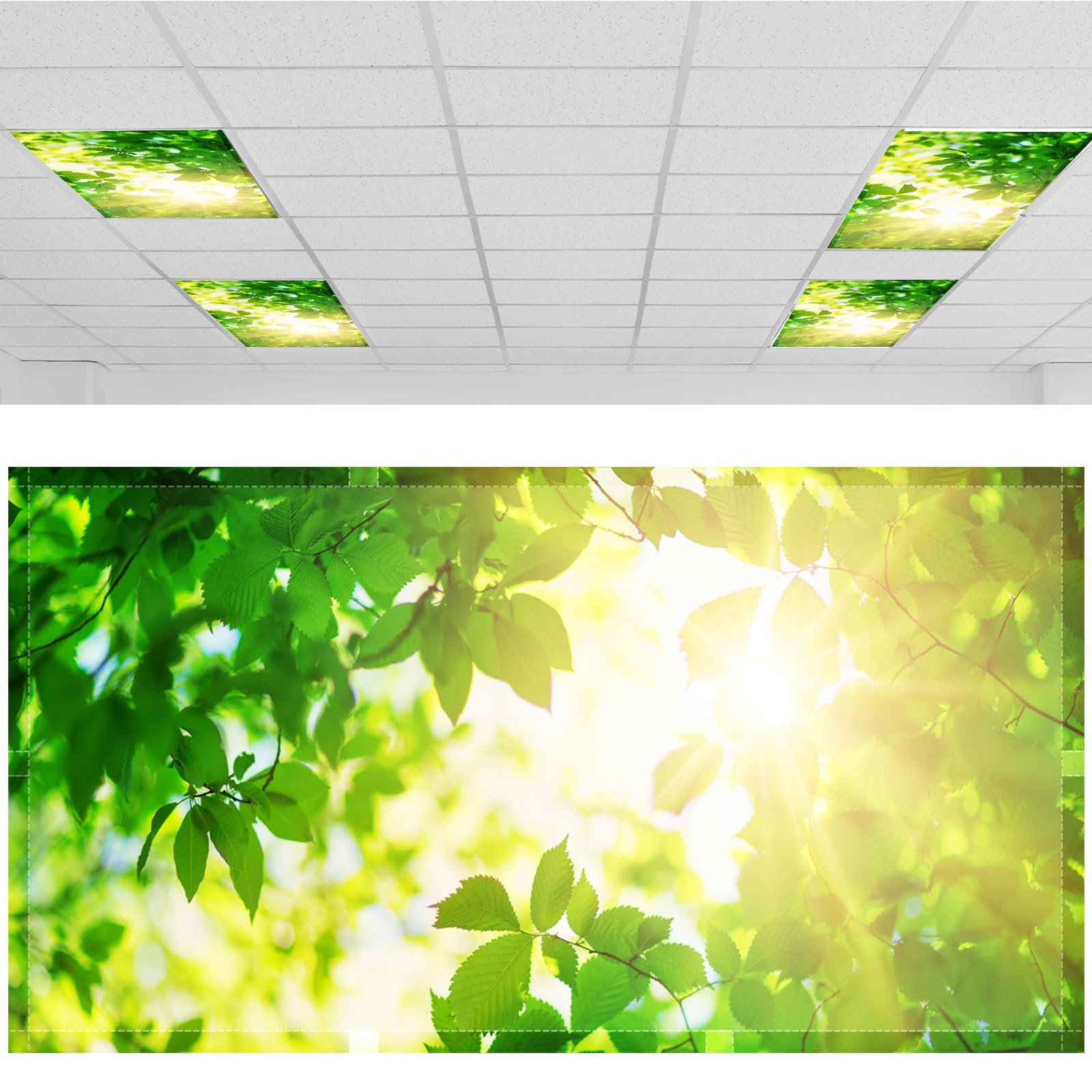 Patelai Fluorescent Light Cover with 10 Magnets, 4 x 2 Feet, Green Leaves, Flame Retardant Fabric, Model PT-Patelai-2655