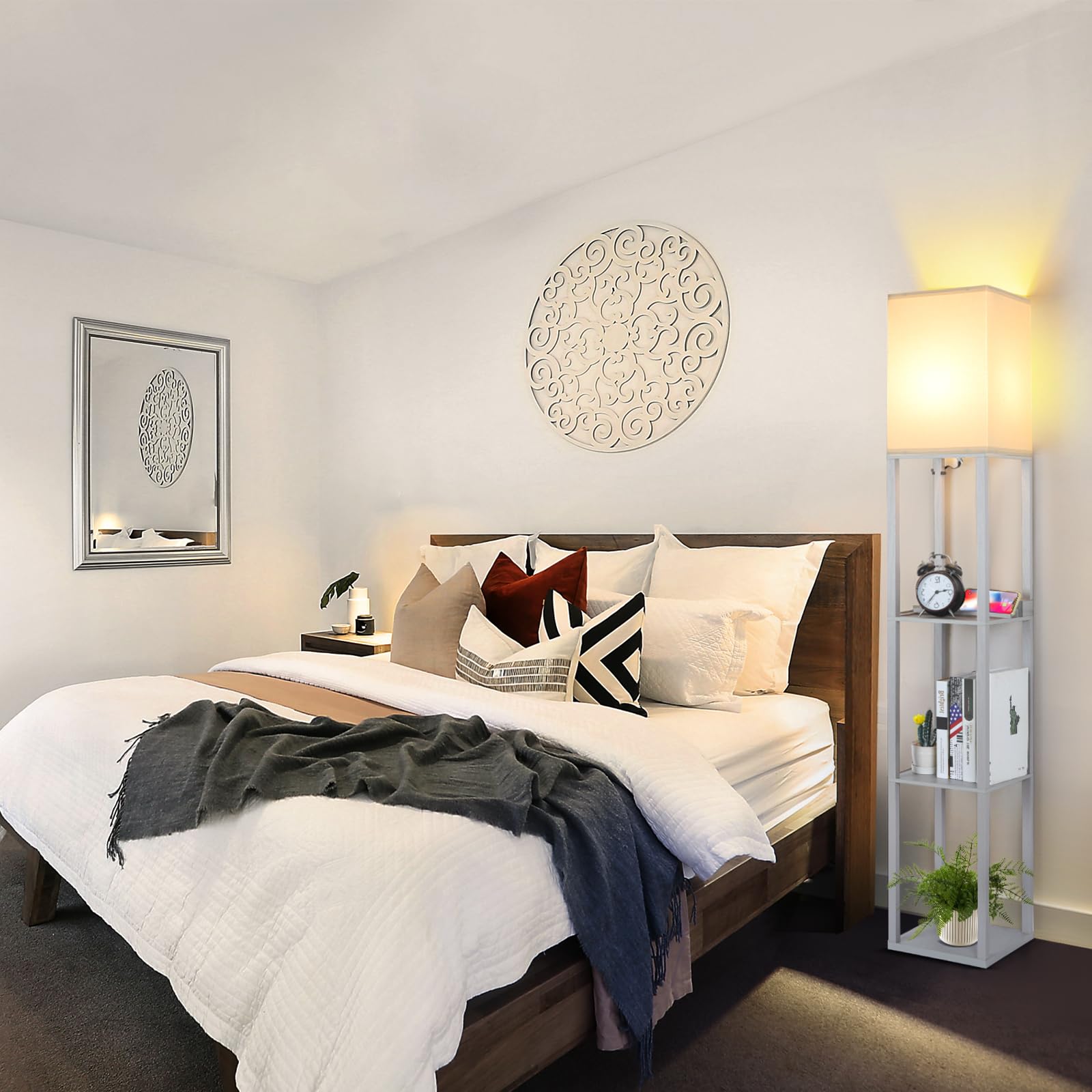 Folksmate Led Shelf Floor Lamp, Modern Touch Control Dimmable Standing Lamp With 2 Usb Ports And 1 Power Outlet, Corner Tall Lam