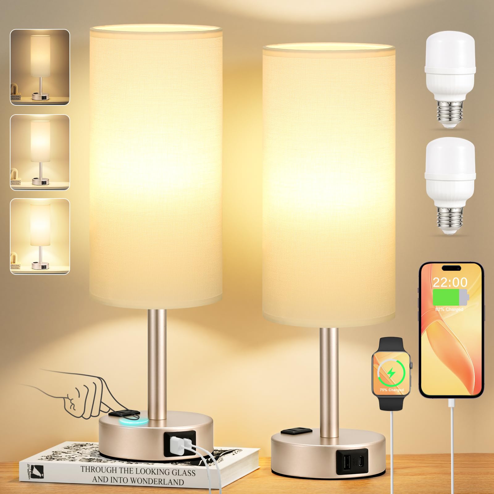 Touch Bedside Table Lamps Set - 3 Way Dimmable Bedroom Lamps Set of 2 with USB C and A Ports, Small Lamps for Nightstand with AC